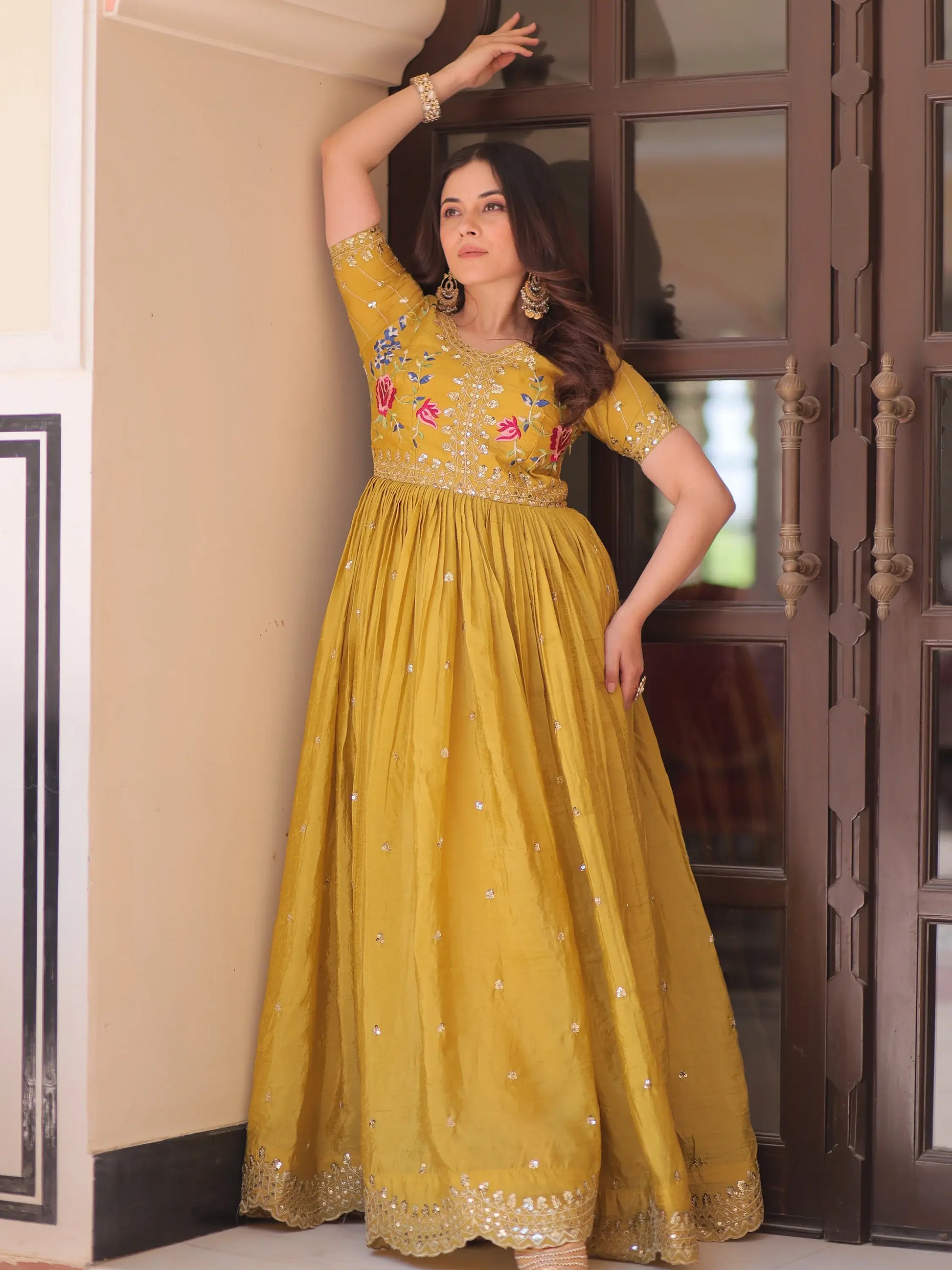 Incredible Mustard Yellow Sequins Chinon Event Wear Gown - Zeel Clothing