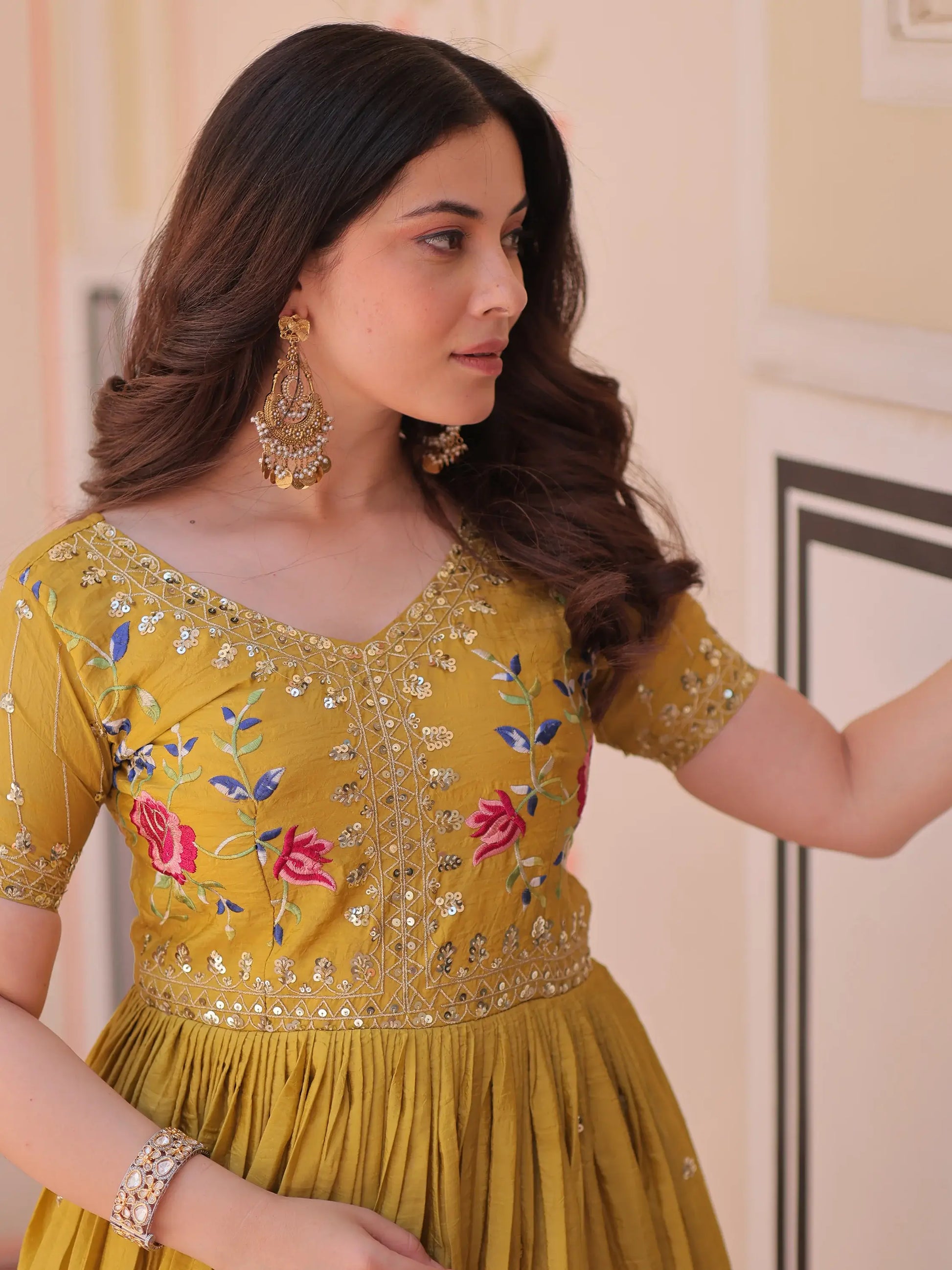 Incredible Mustard Yellow Sequins Chinon Event Wear Gown - Zeel Clothing