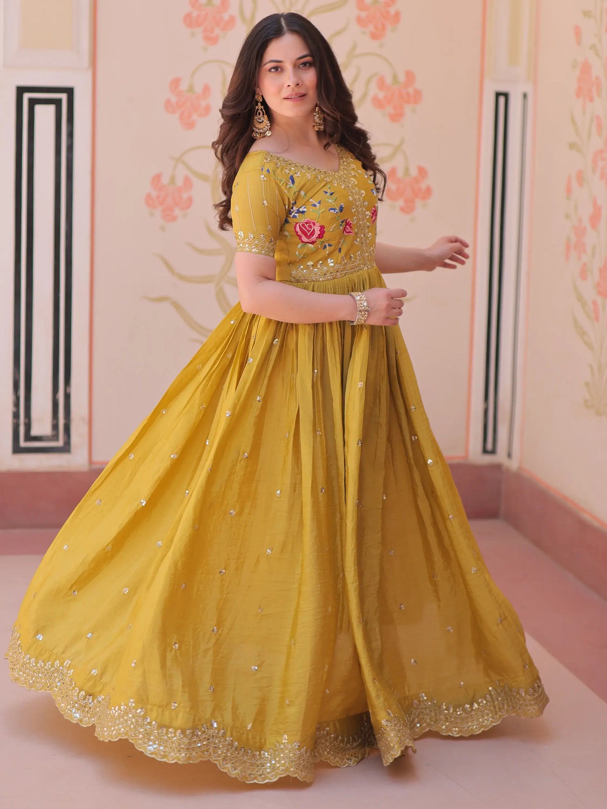 Incredible Mustard Yellow Sequins Chinon Event Wear Gown - Zeel Clothing