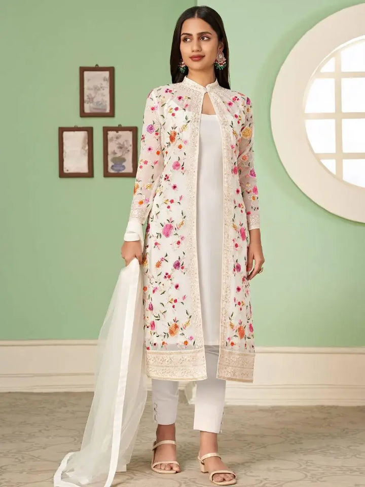 Incredible Off-White Embroidered Georgette Jacket Salwar Suit - Zeel Clothing
