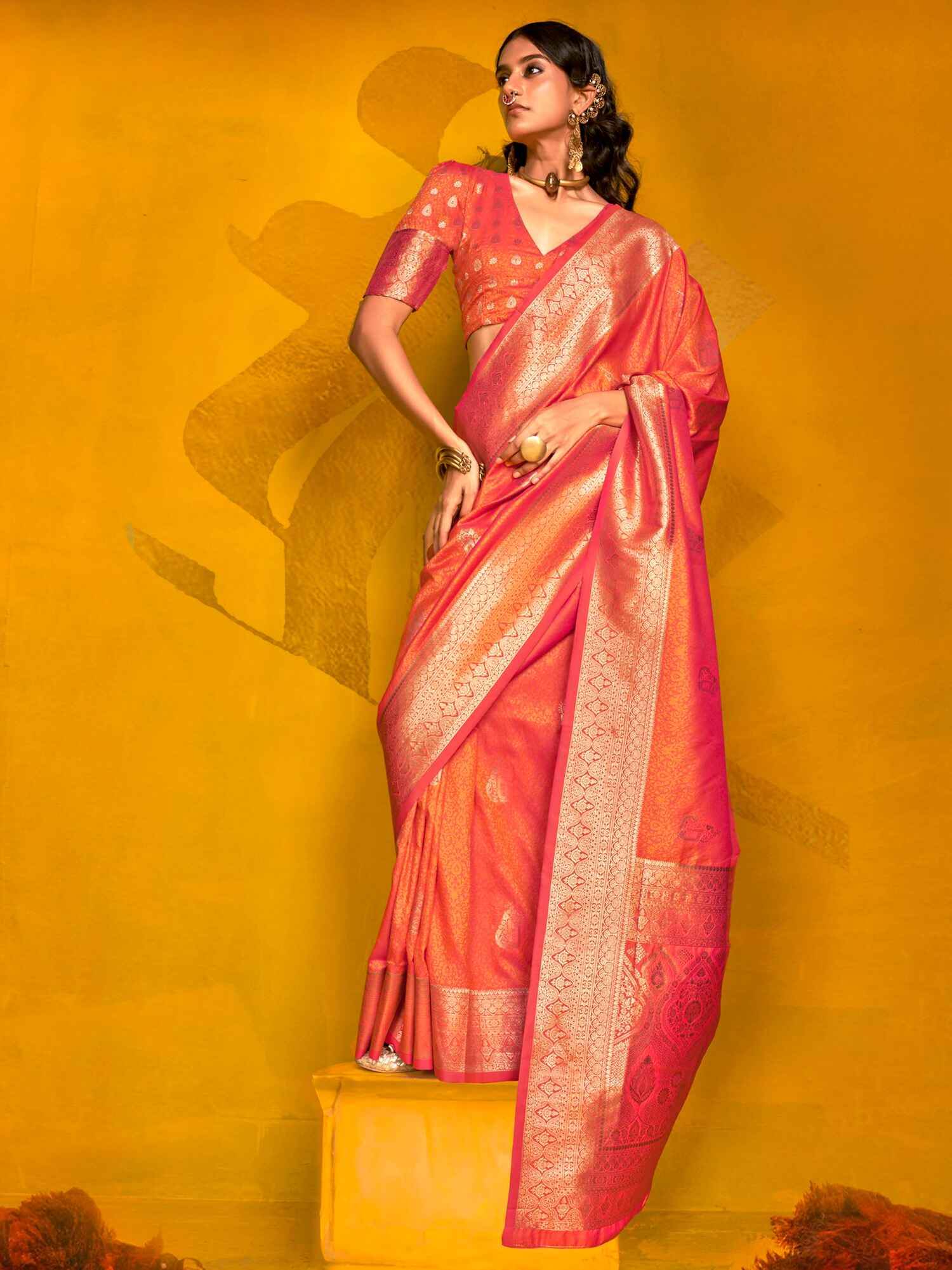 Incredible Orange Zari Weaving Silk Festival Wear Saree With Blouse - Zeel Clothing