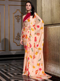 Incredible Peach Floral Printed Satin Casual Wear Saree With Blouse - Zeel Clothing