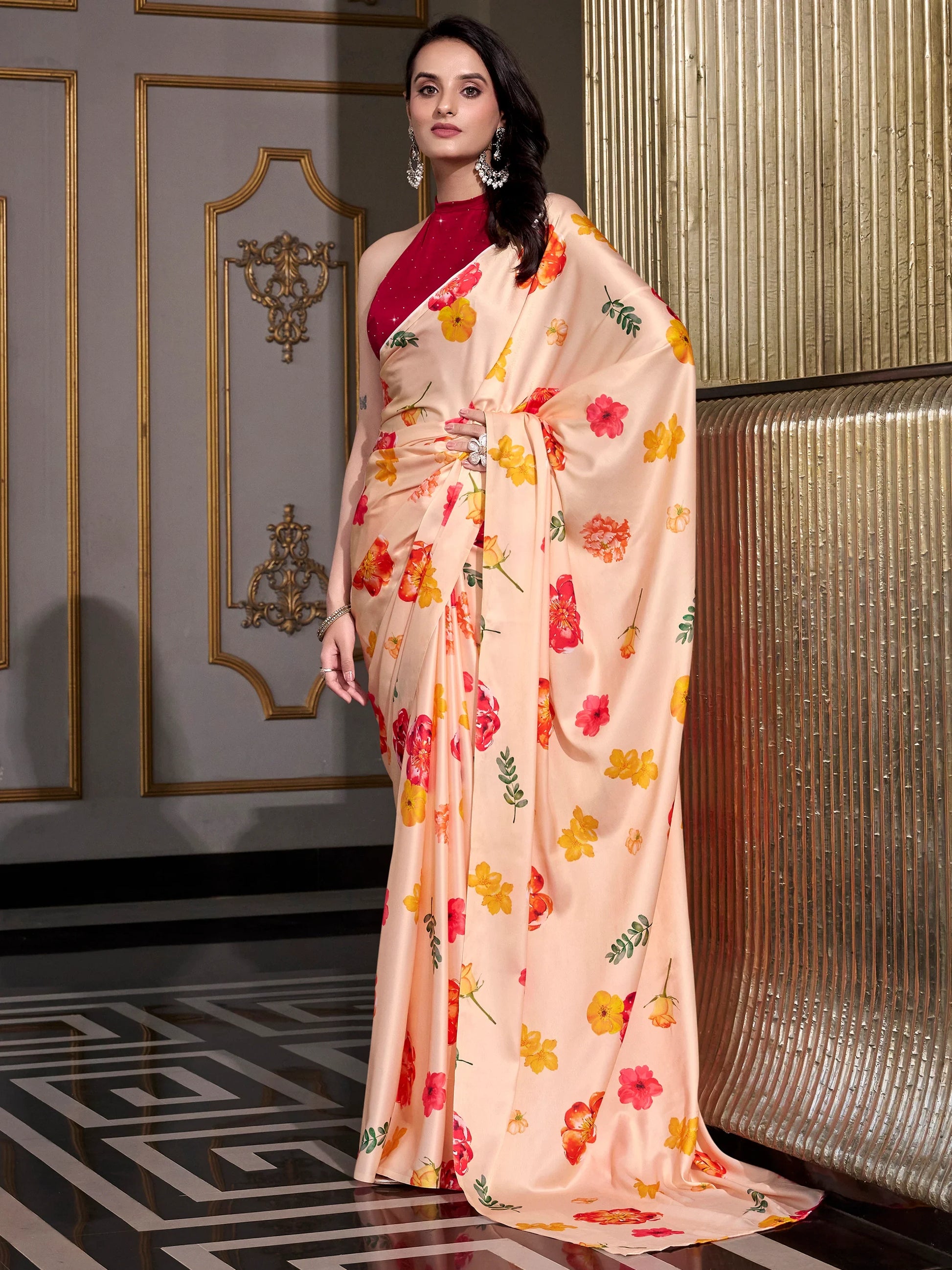 Incredible Peach Floral Printed Satin Casual Wear Saree With Blouse - Zeel Clothing
