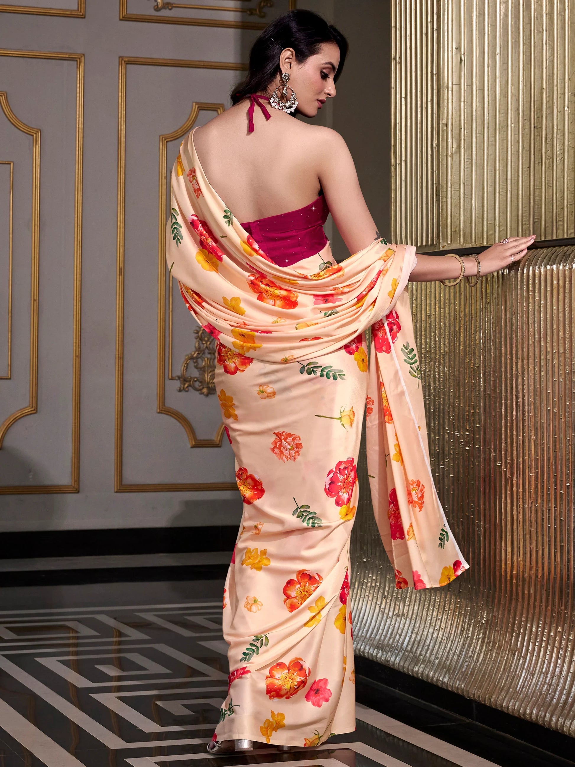 Incredible Peach Floral Printed Satin Casual Wear Saree With Blouse - Zeel Clothing