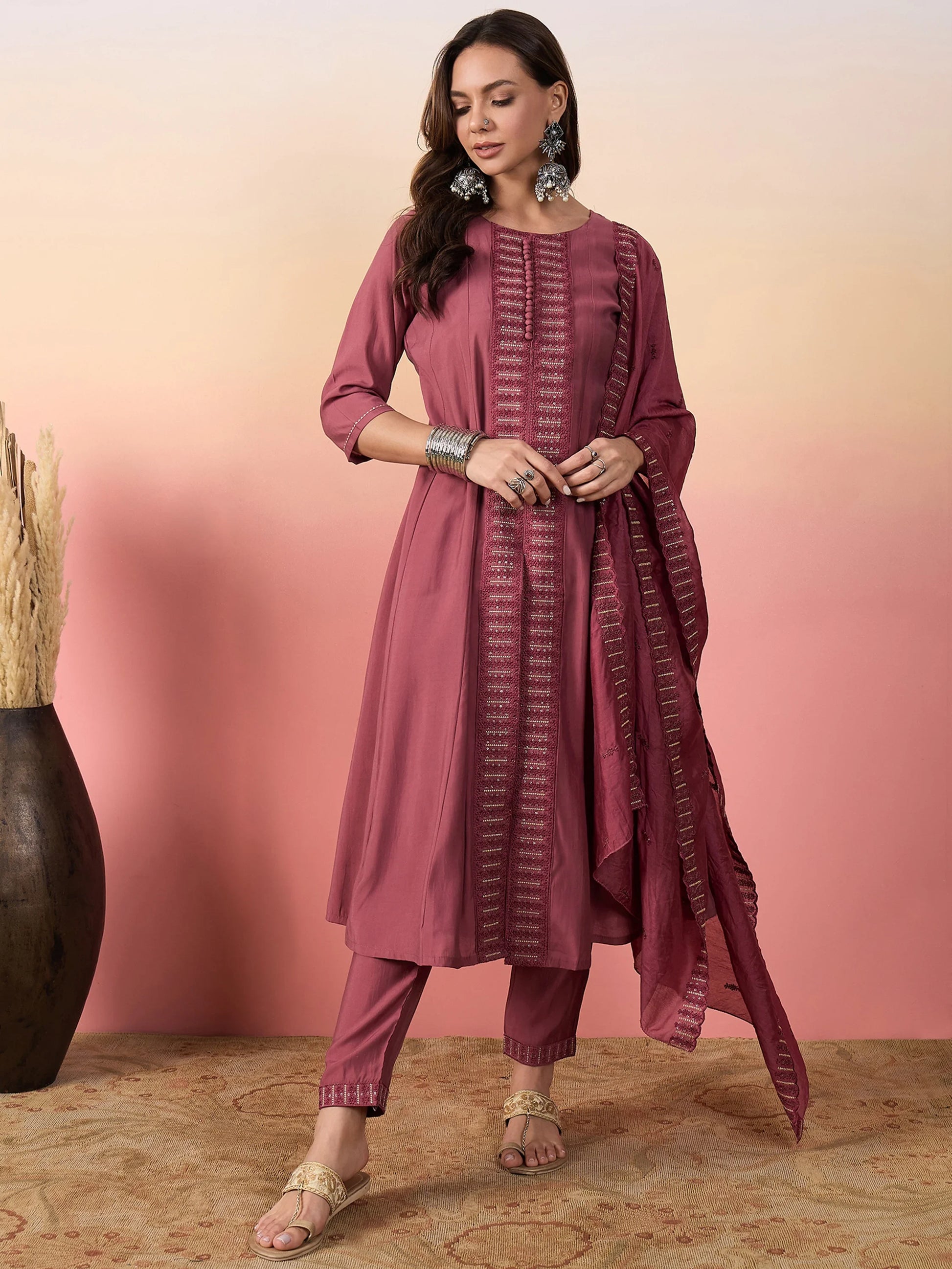 Incredible Pink Embroidered Silk Festival Wear Pant Suit With Dupatta - Zeel Clothing