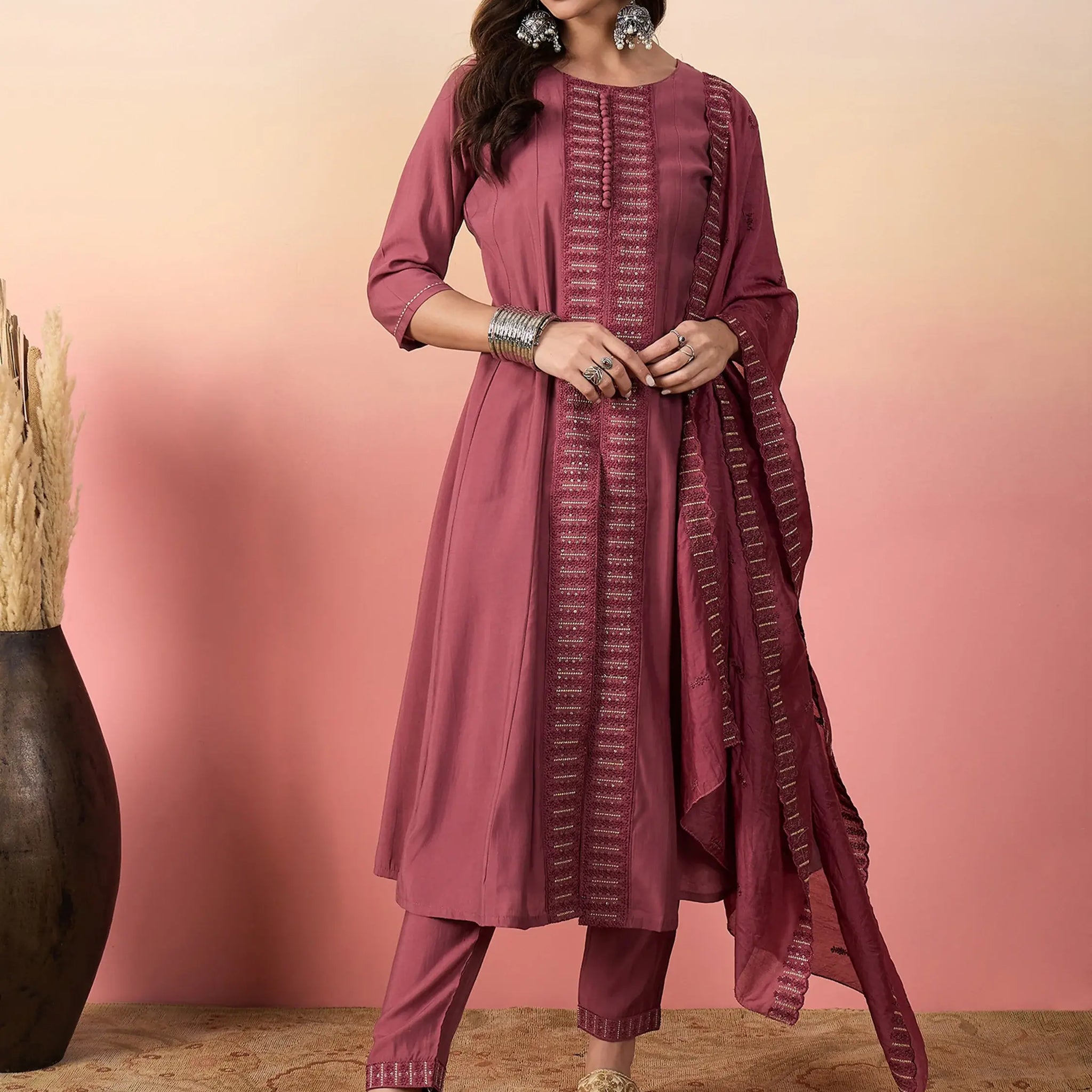 Incredible Pink Embroidered Silk Festival Wear Pant Suit With Dupatta - Zeel Clothing