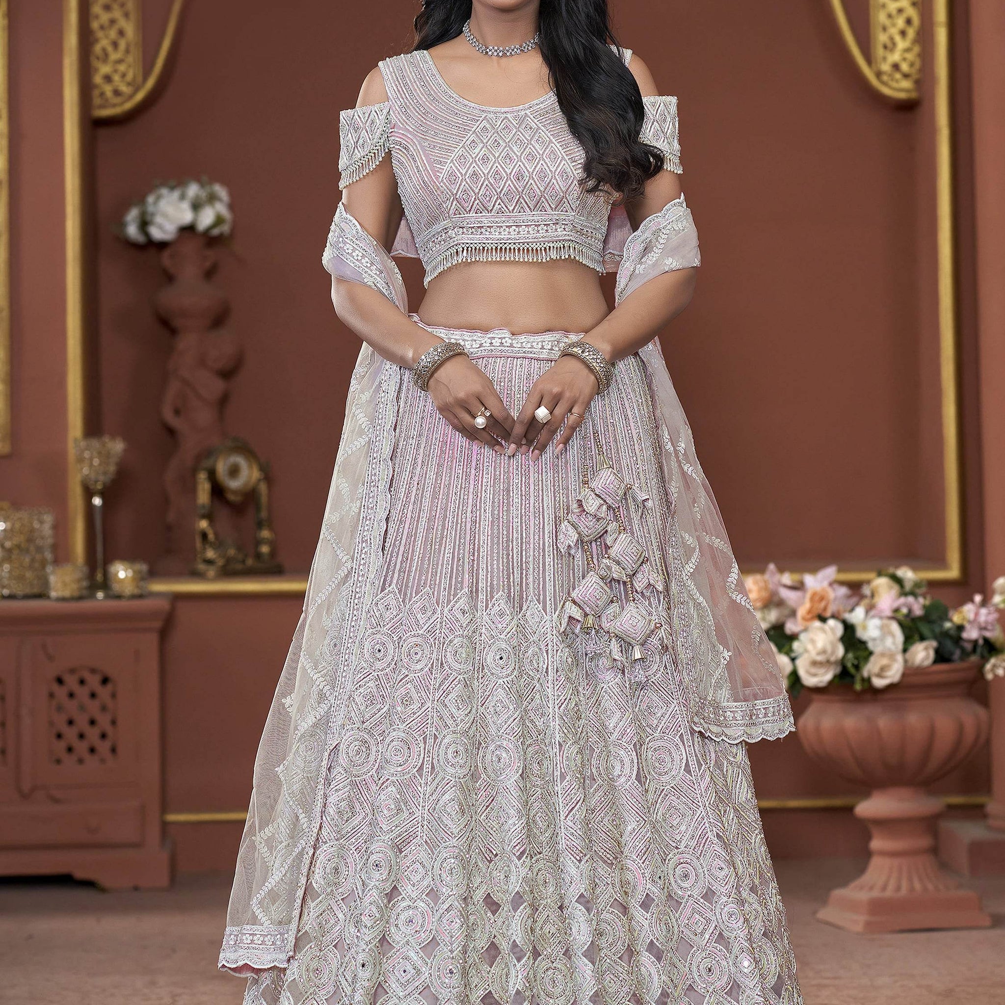 Incredible Pink Jarkan Work Net Engagement Wear Lehenga Choli - Zeel Clothing