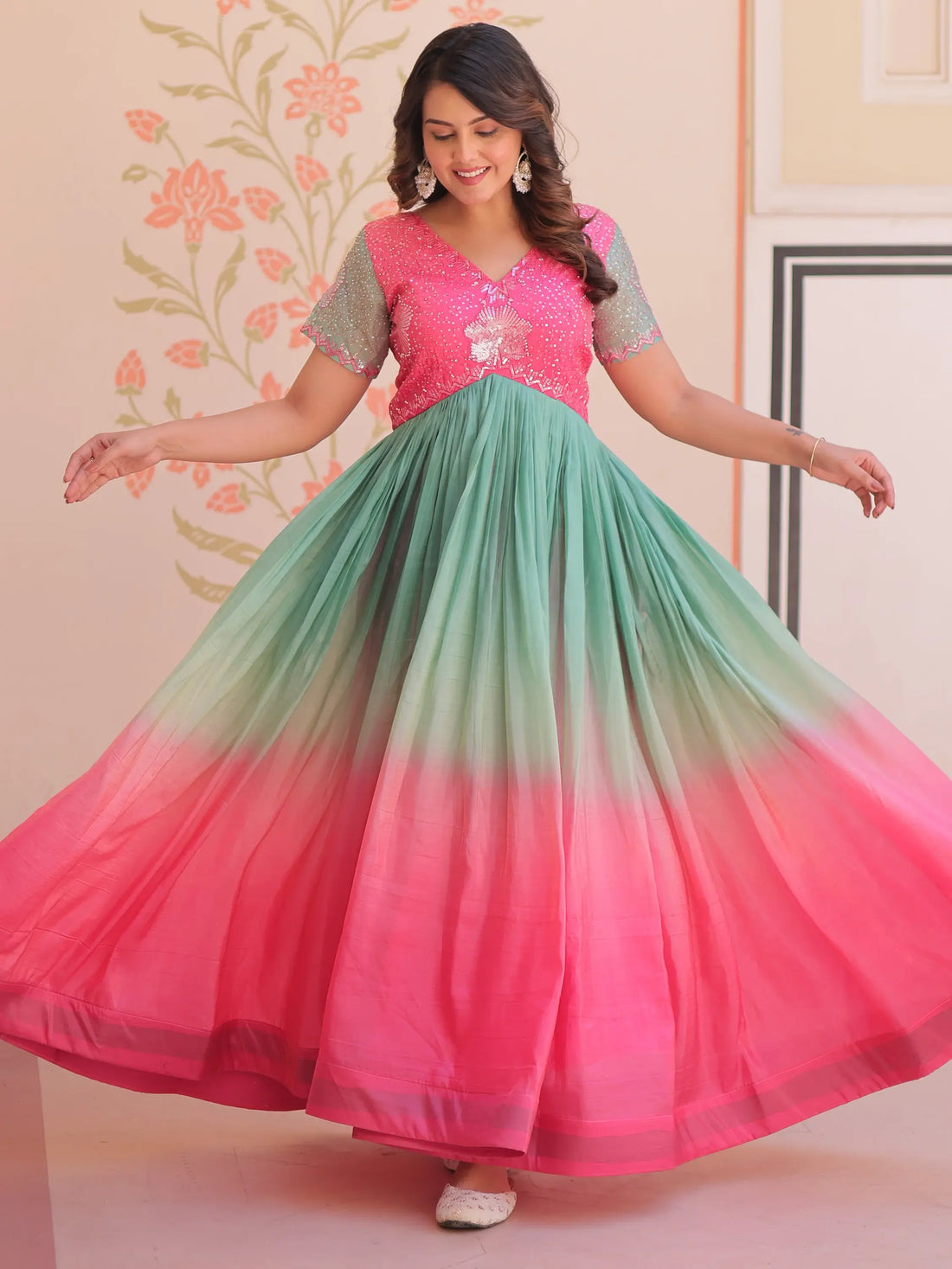 Incredible Pink Pearl Work Organza Party Wear Gown - Zeel Clothing