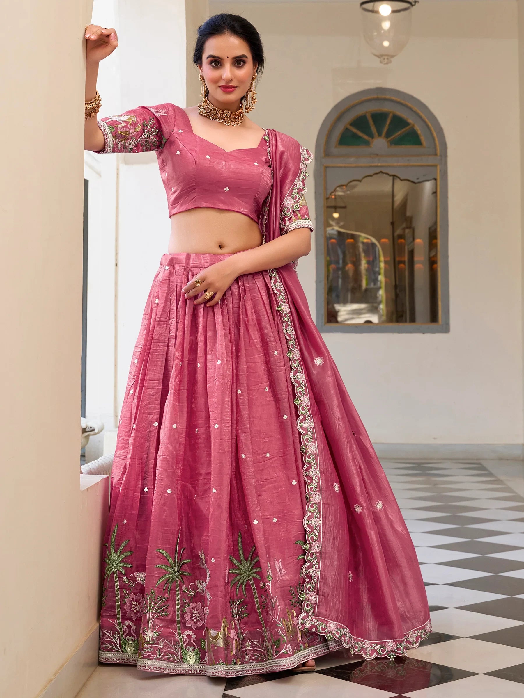 Incredible Pink Thread Work Crush Silk Wedding Lehenga Choli With Dupatta - Zeel Clothing