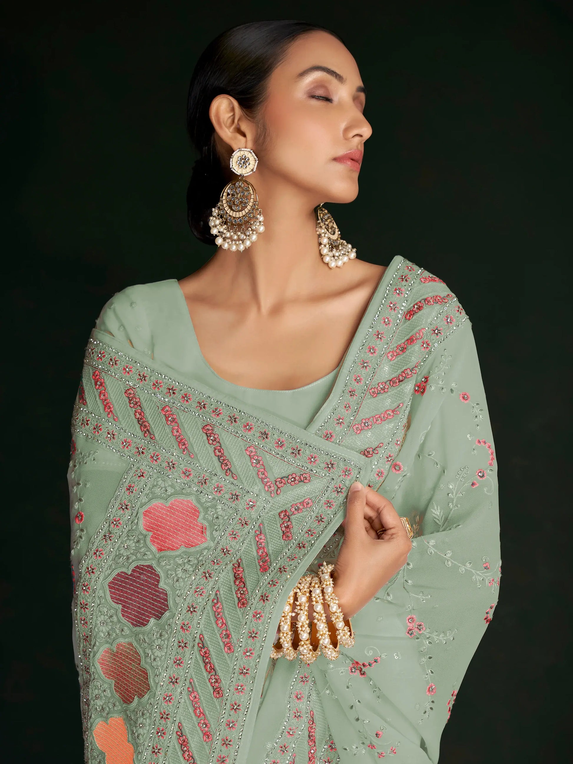 Incredible Pista Green Lucknowi Work Georgette Saree With Blouse - Zeel Clothing