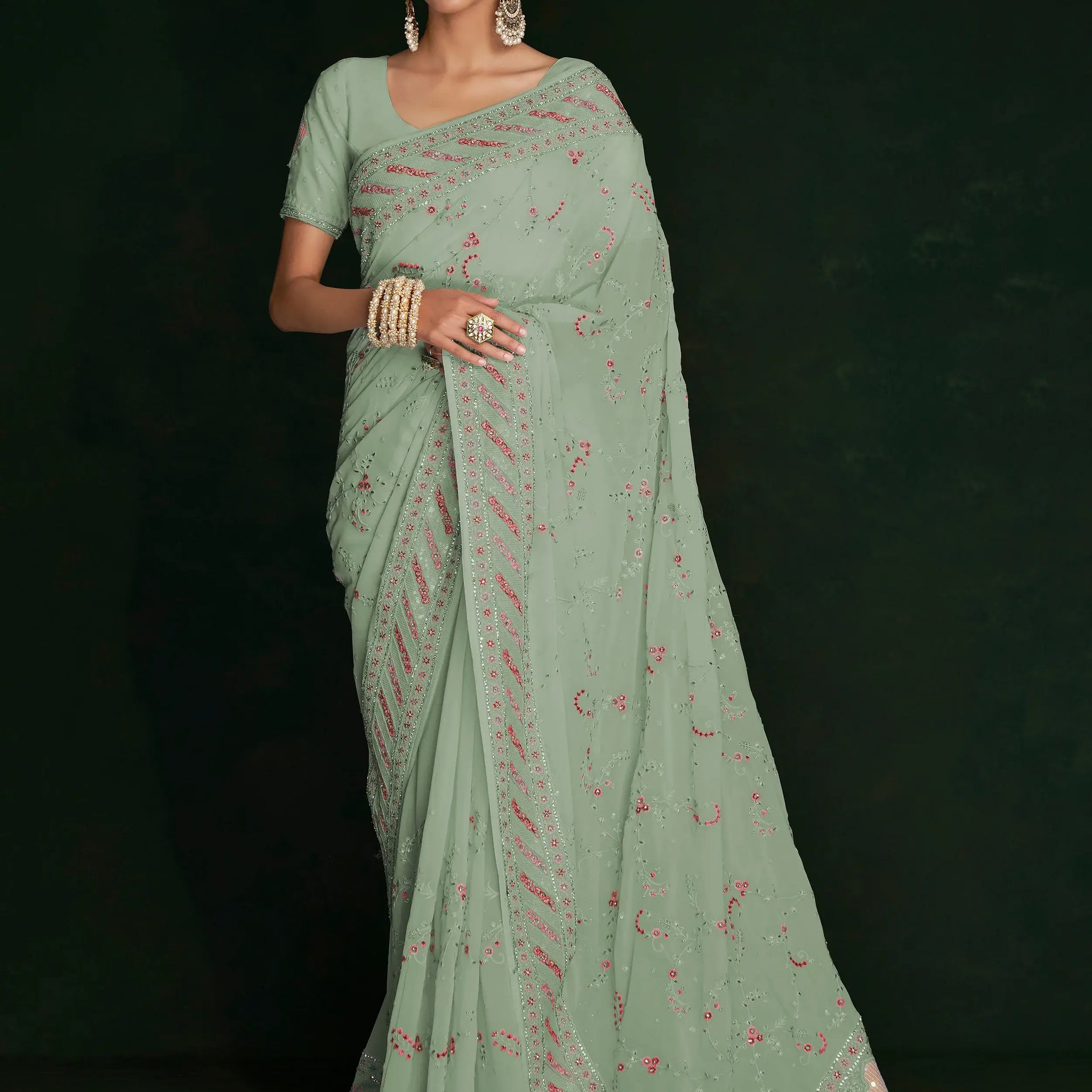 Incredible Pista Green Lucknowi Work Georgette Saree With Blouse - Zeel Clothing