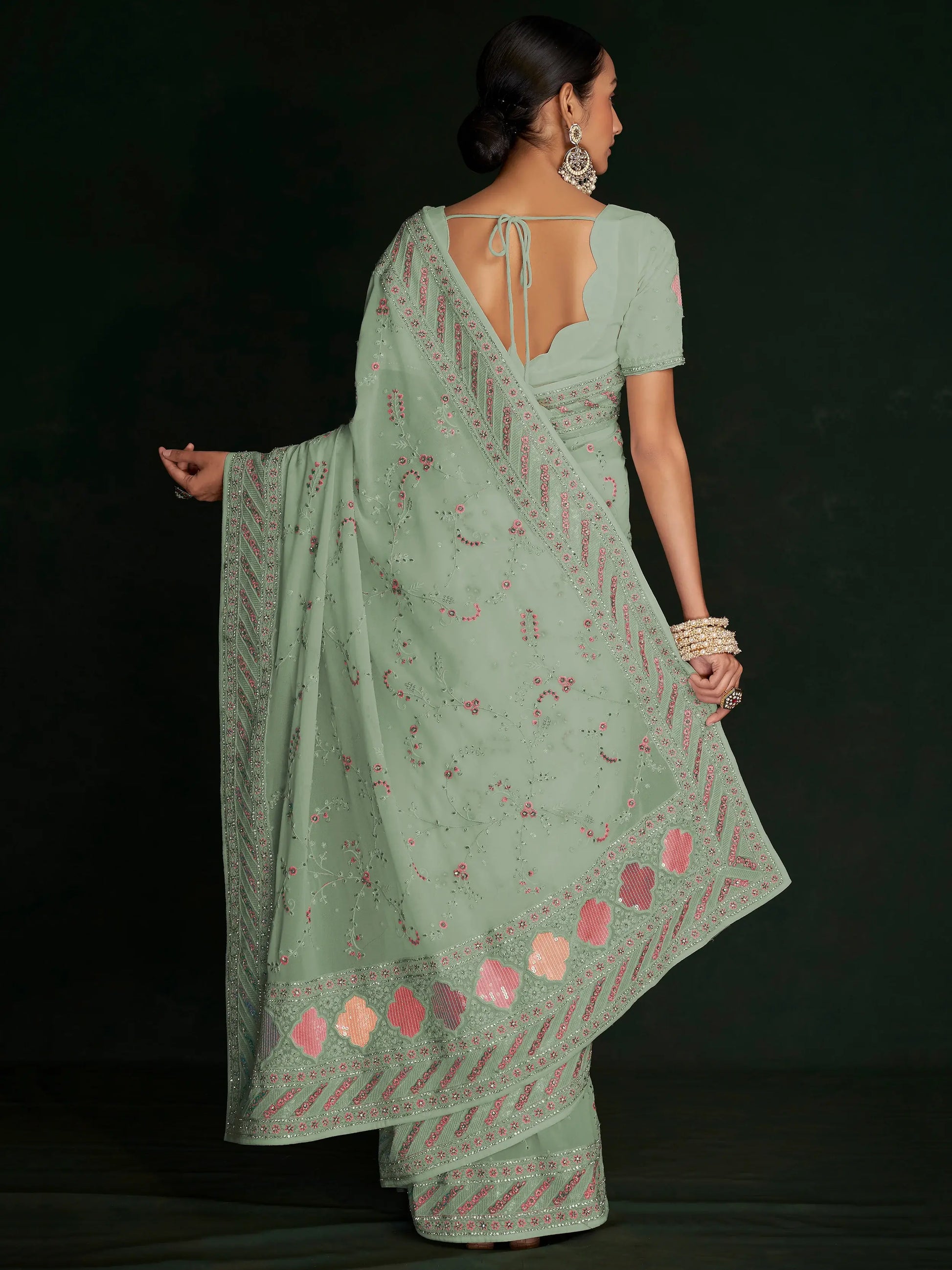 Incredible Pista Green Lucknowi Work Georgette Saree With Blouse - Zeel Clothing