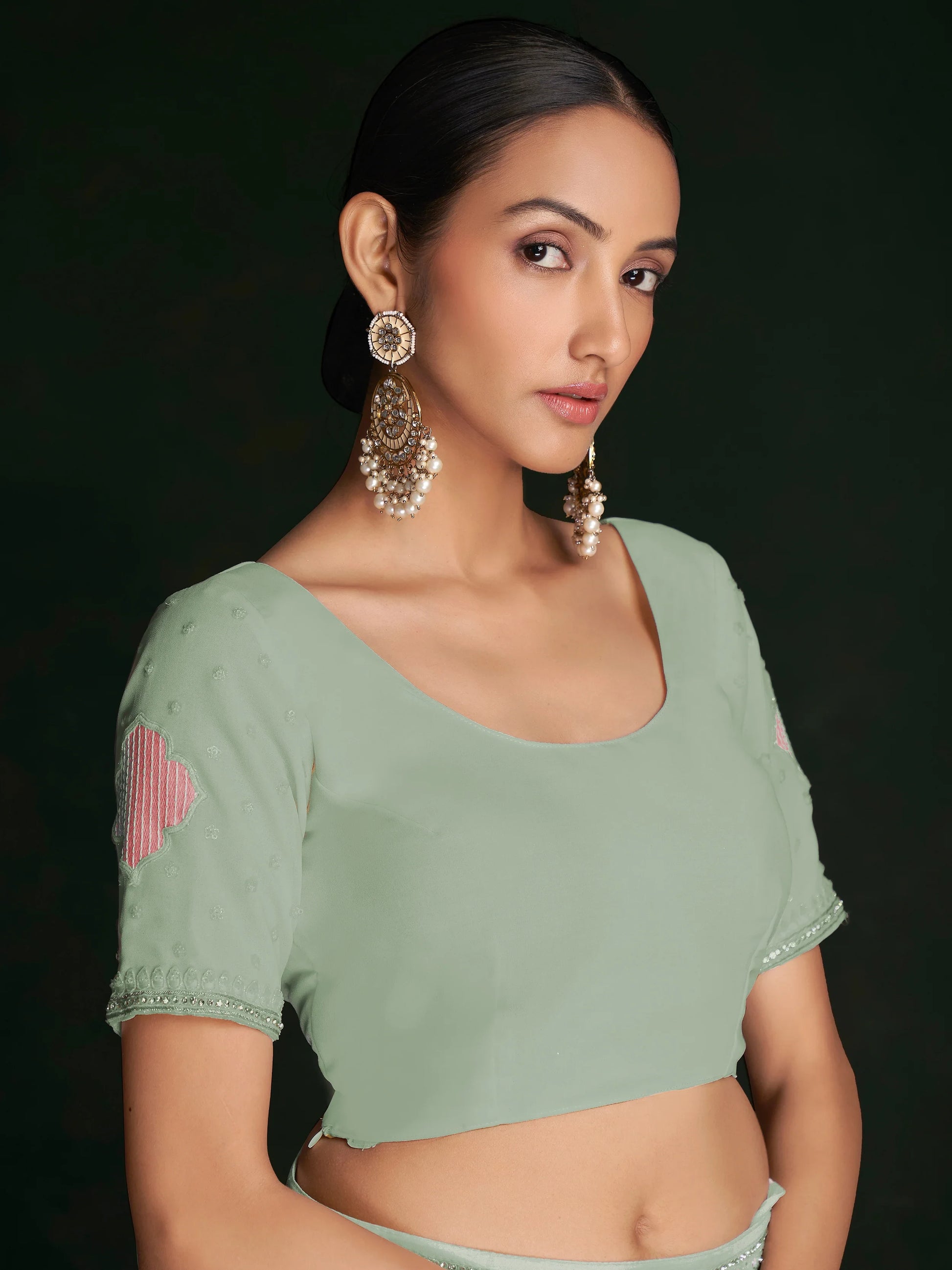 Incredible Pista Green Lucknowi Work Georgette Saree With Blouse - Zeel Clothing