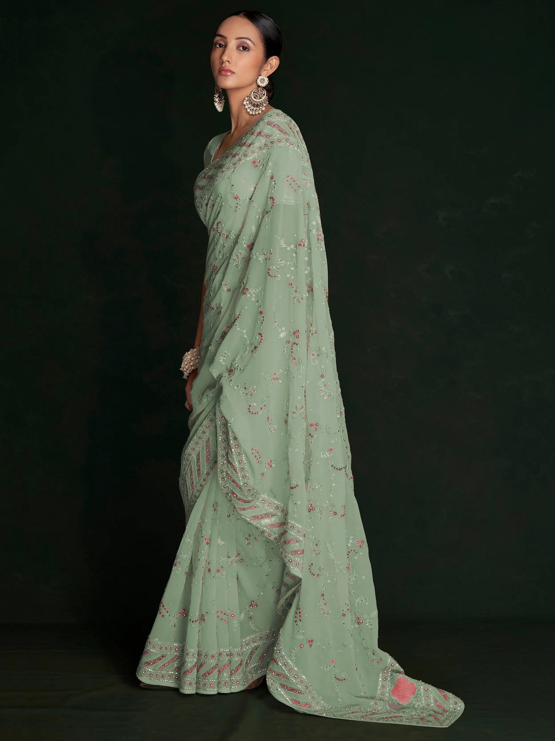 Incredible Pista Green Lucknowi Work Georgette Saree With Blouse - Zeel Clothing