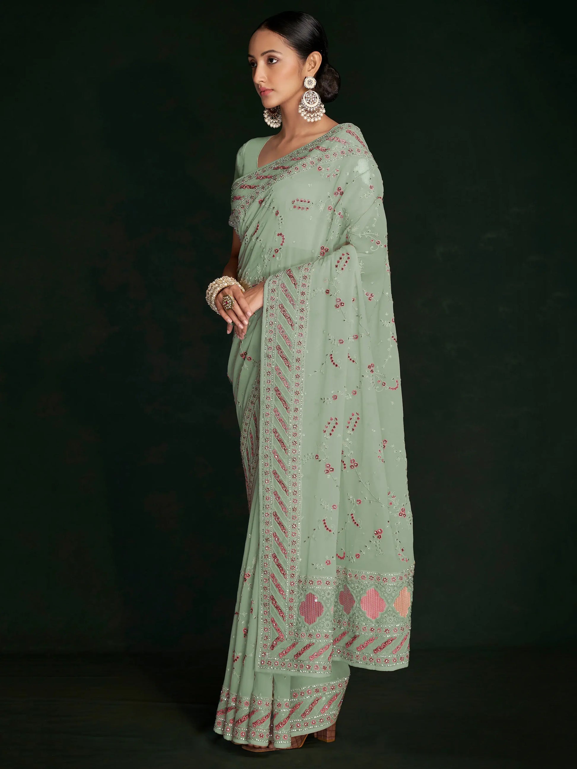 Incredible Pista Green Lucknowi Work Georgette Saree With Blouse - Zeel Clothing
