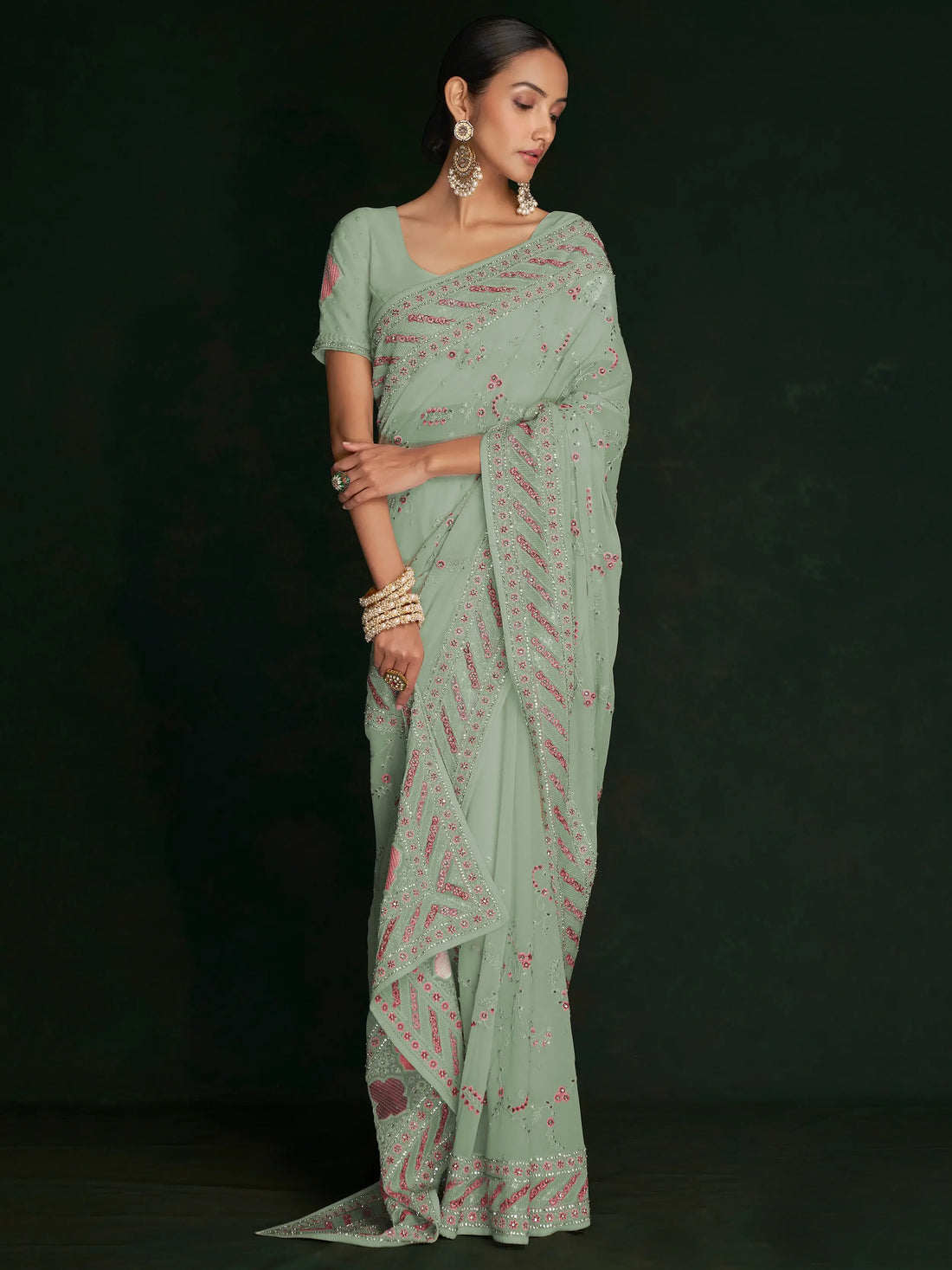 Incredible Pista Green Lucknowi Work Georgette Saree With Blouse - Zeel Clothing