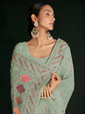 Incredible Pista Green Lucknowi Work Georgette Saree With Blouse - Zeel Clothing