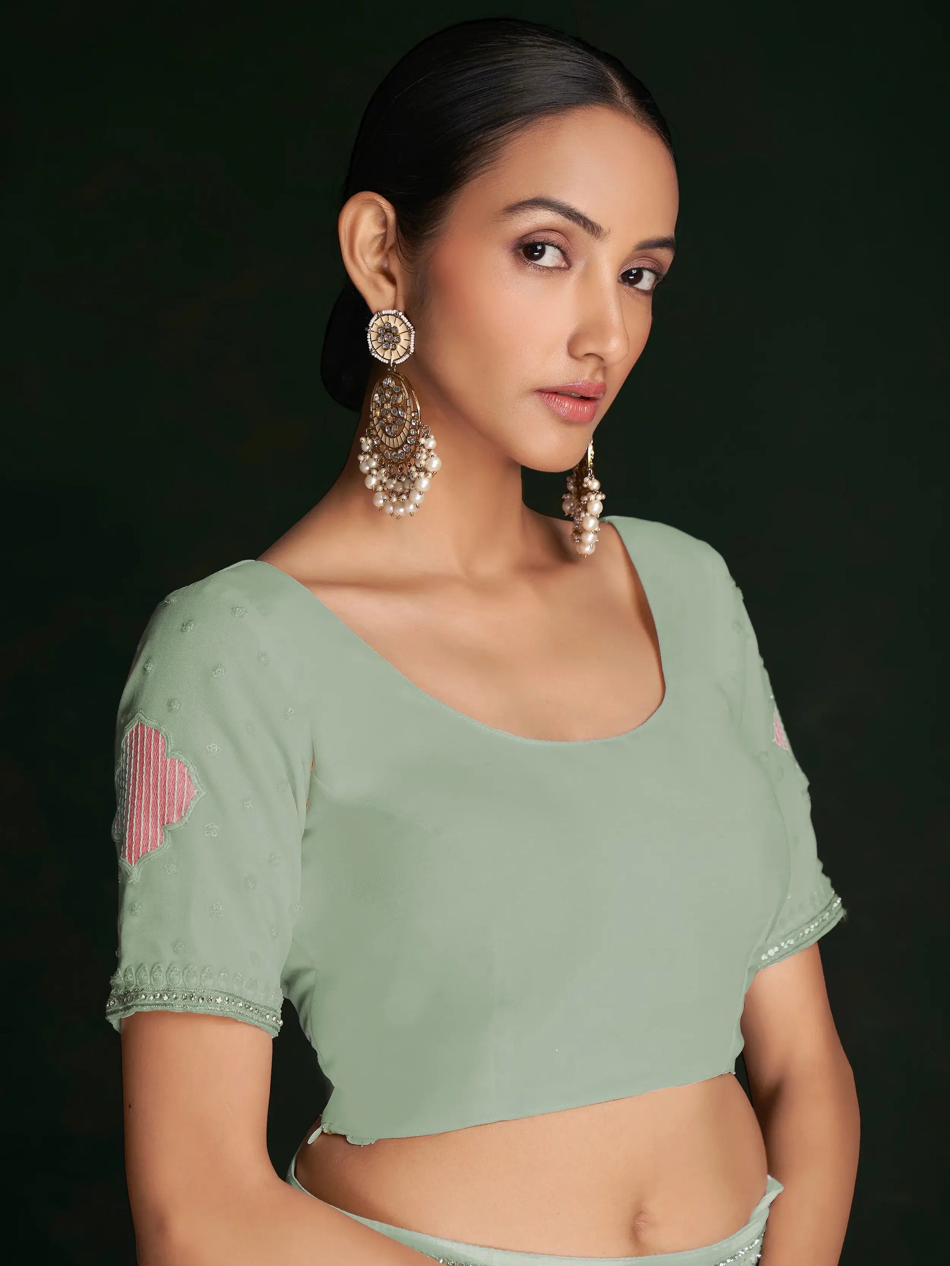 Incredible Pista Green Lucknowi Work Georgette Saree With Blouse - Zeel Clothing