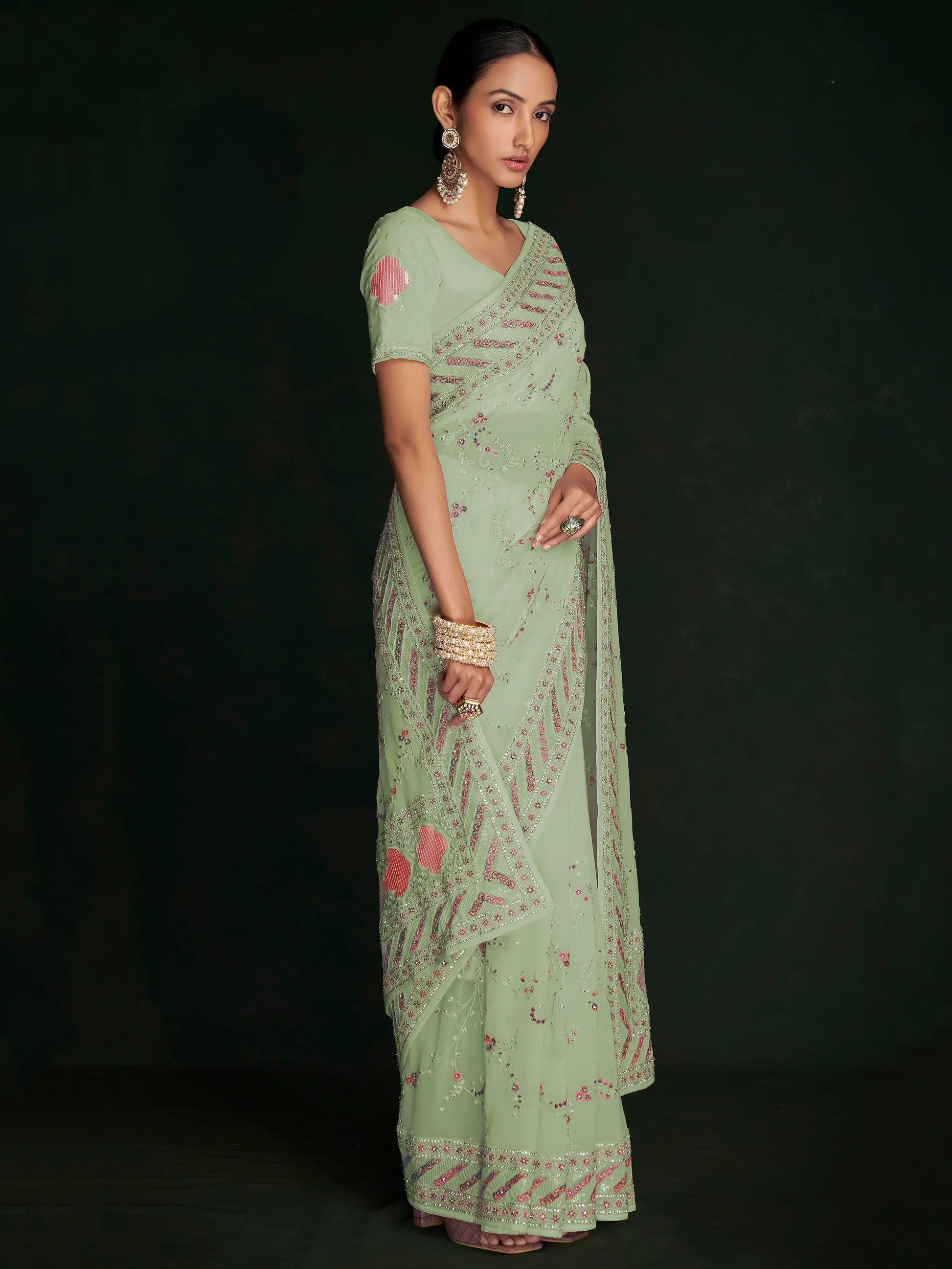 Incredible Pista Green Lucknowi Work Georgette Saree With Blouse - Zeel Clothing