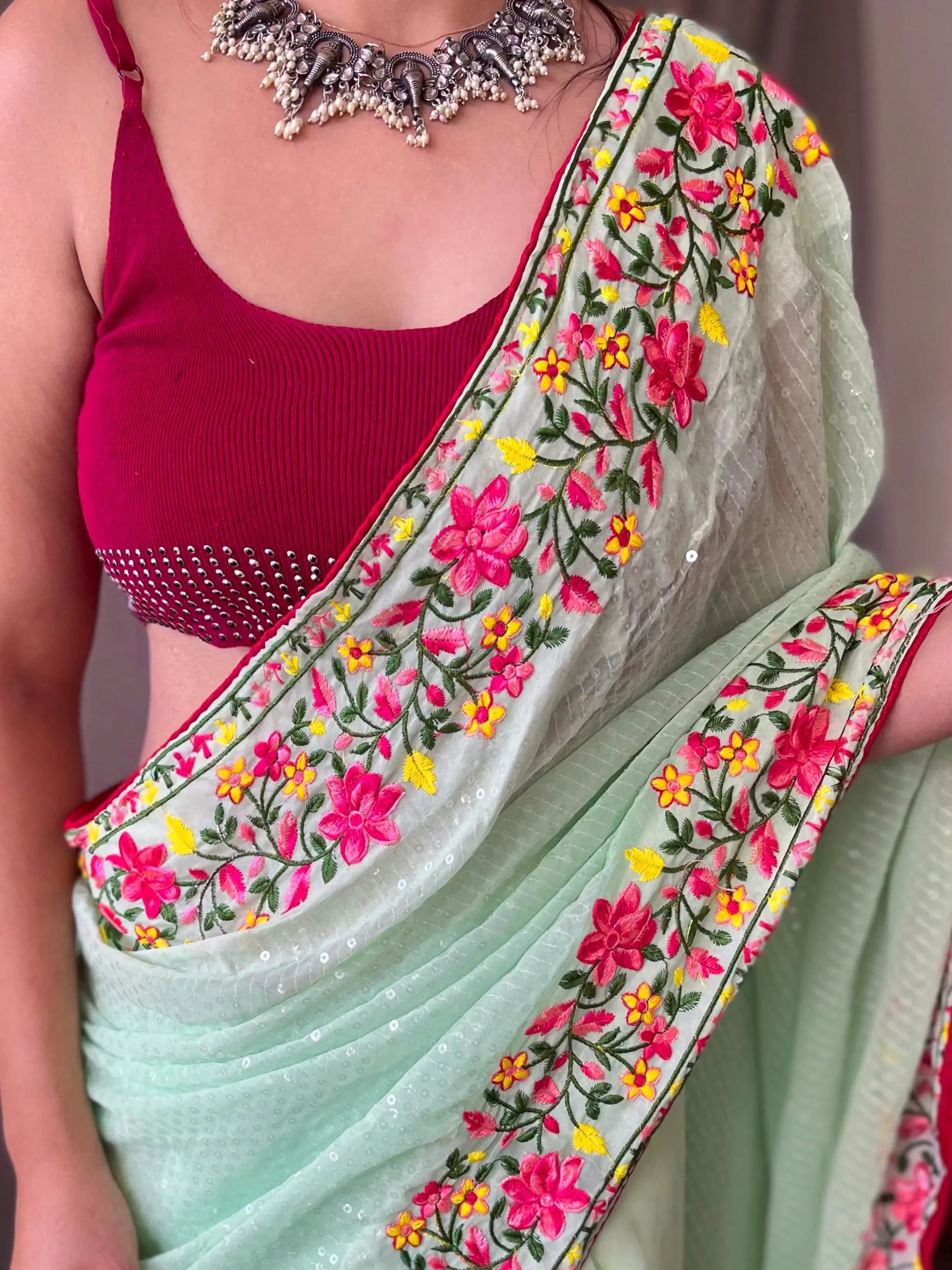 Incredible Pista Green Sequins Georgette Party Wear Saree With Blouse - Zeel Clothing