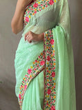 Incredible Pista Green Sequins Georgette Party Wear Saree With Blouse - Zeel Clothing