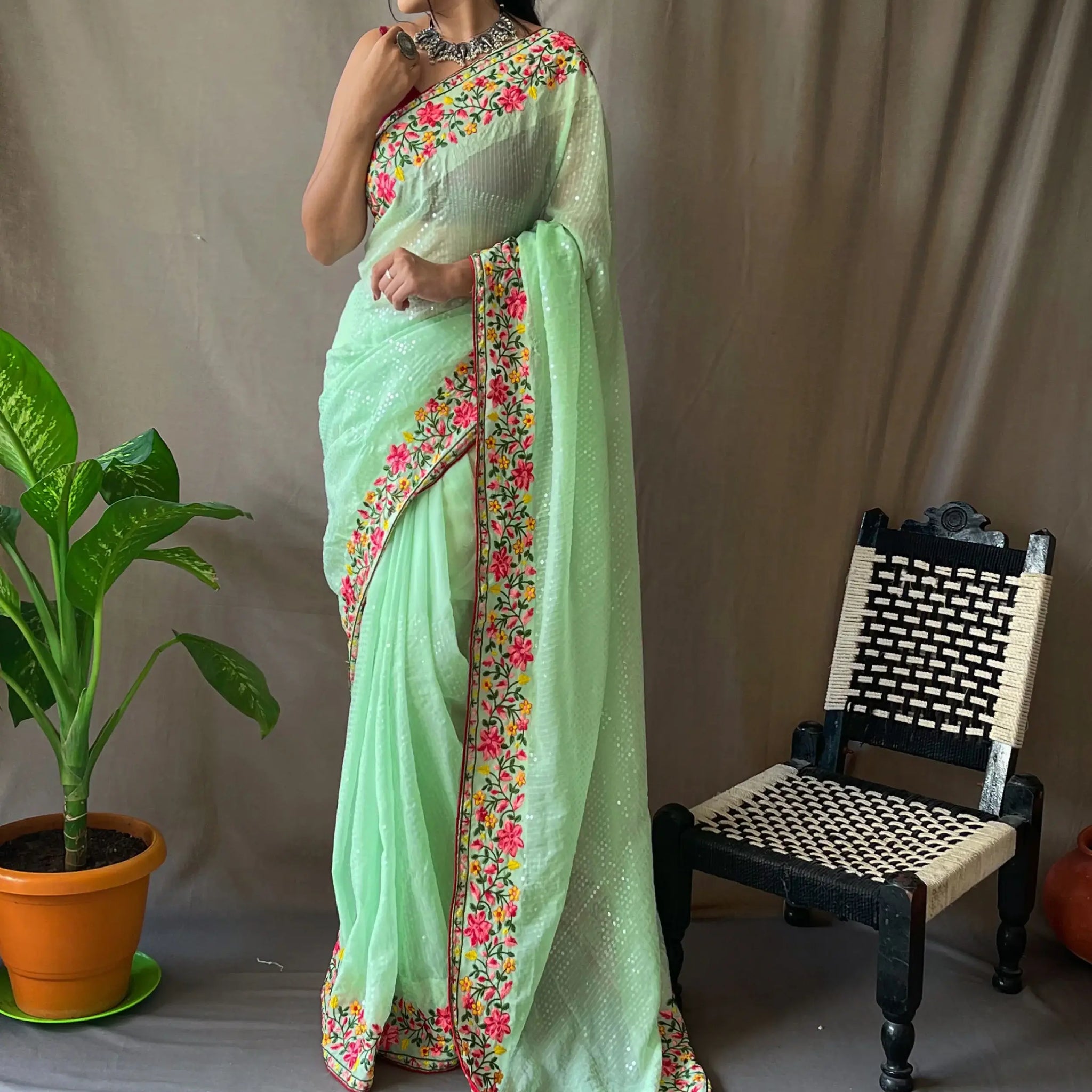 Incredible Pista Green Sequins Georgette Party Wear Saree With Blouse - Zeel Clothing