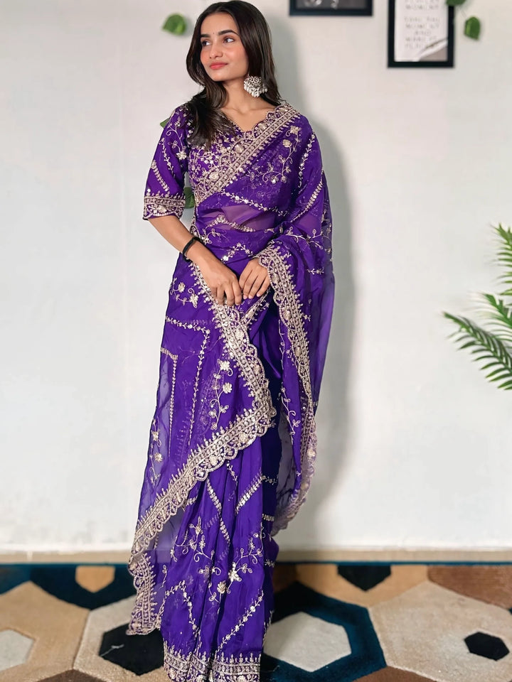 Incredible Purple Sequins Organza Wedding Wear Saree With Blouse - Zeel Clothing