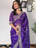 Incredible Purple Sequins Organza Wedding Wear Saree With Blouse - Zeel Clothing