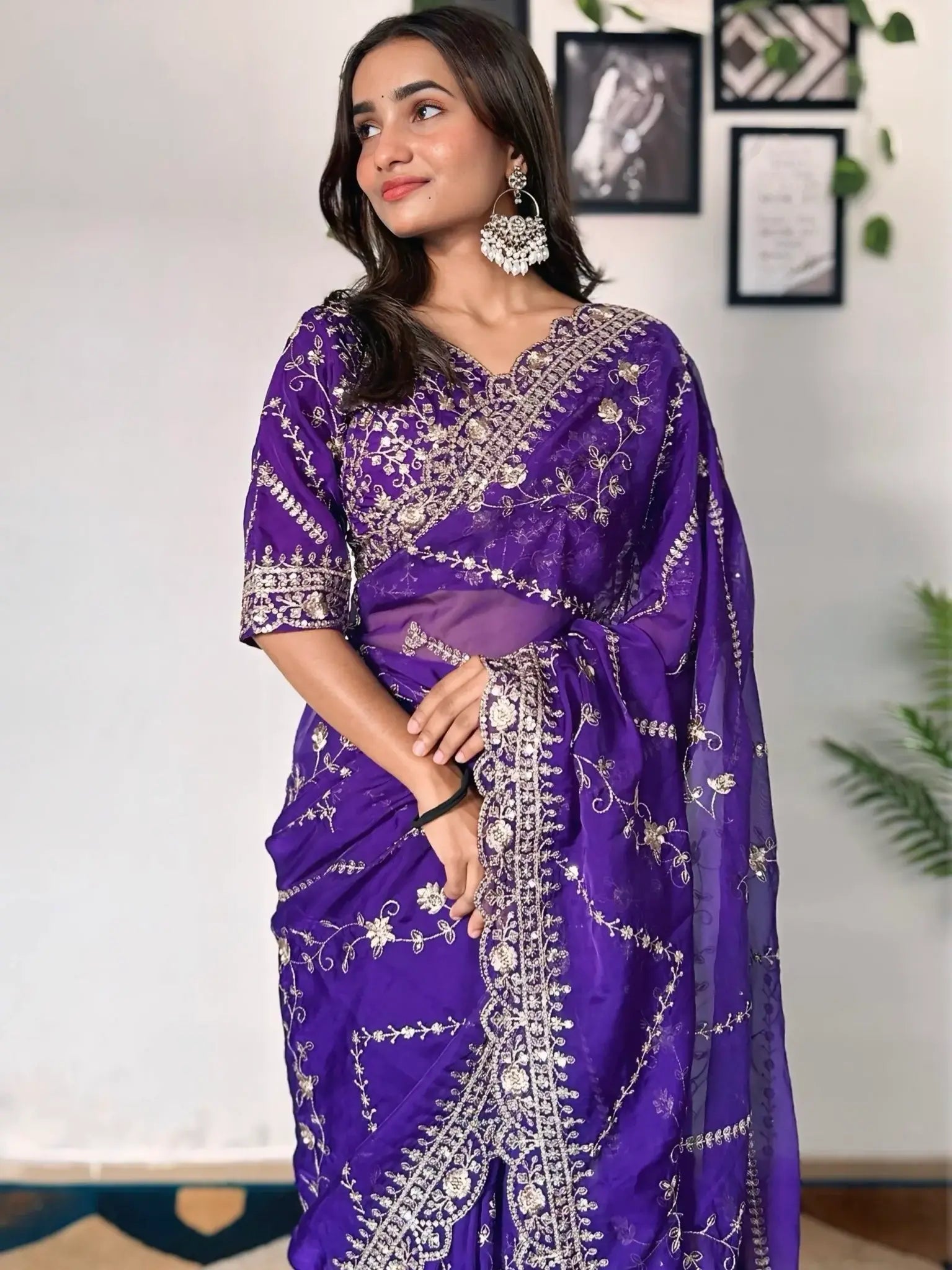 Incredible Purple Sequins Organza Wedding Wear Saree With Blouse - Zeel Clothing