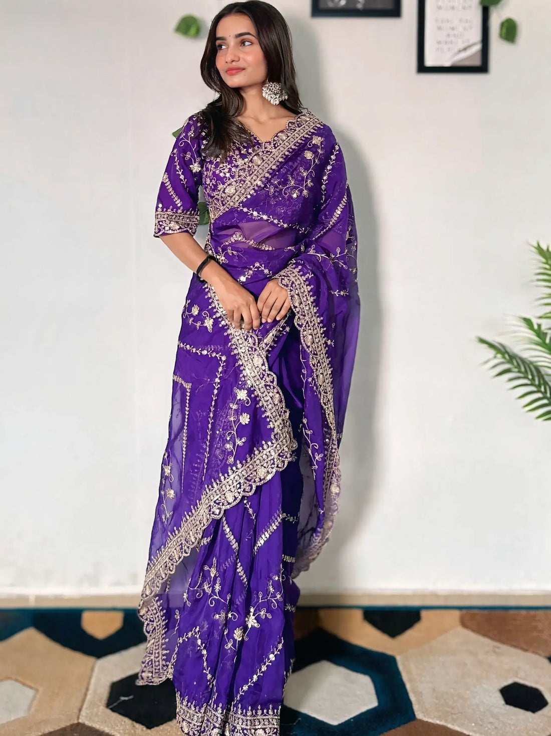 Incredible Purple Sequins Organza Wedding Wear Saree With Blouse - Zeel Clothing