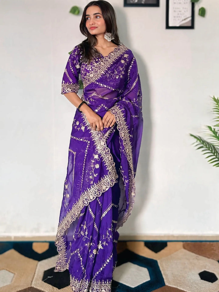 Incredible Purple Sequins Organza Wedding Wear Saree With Blouse - Zeel Clothing