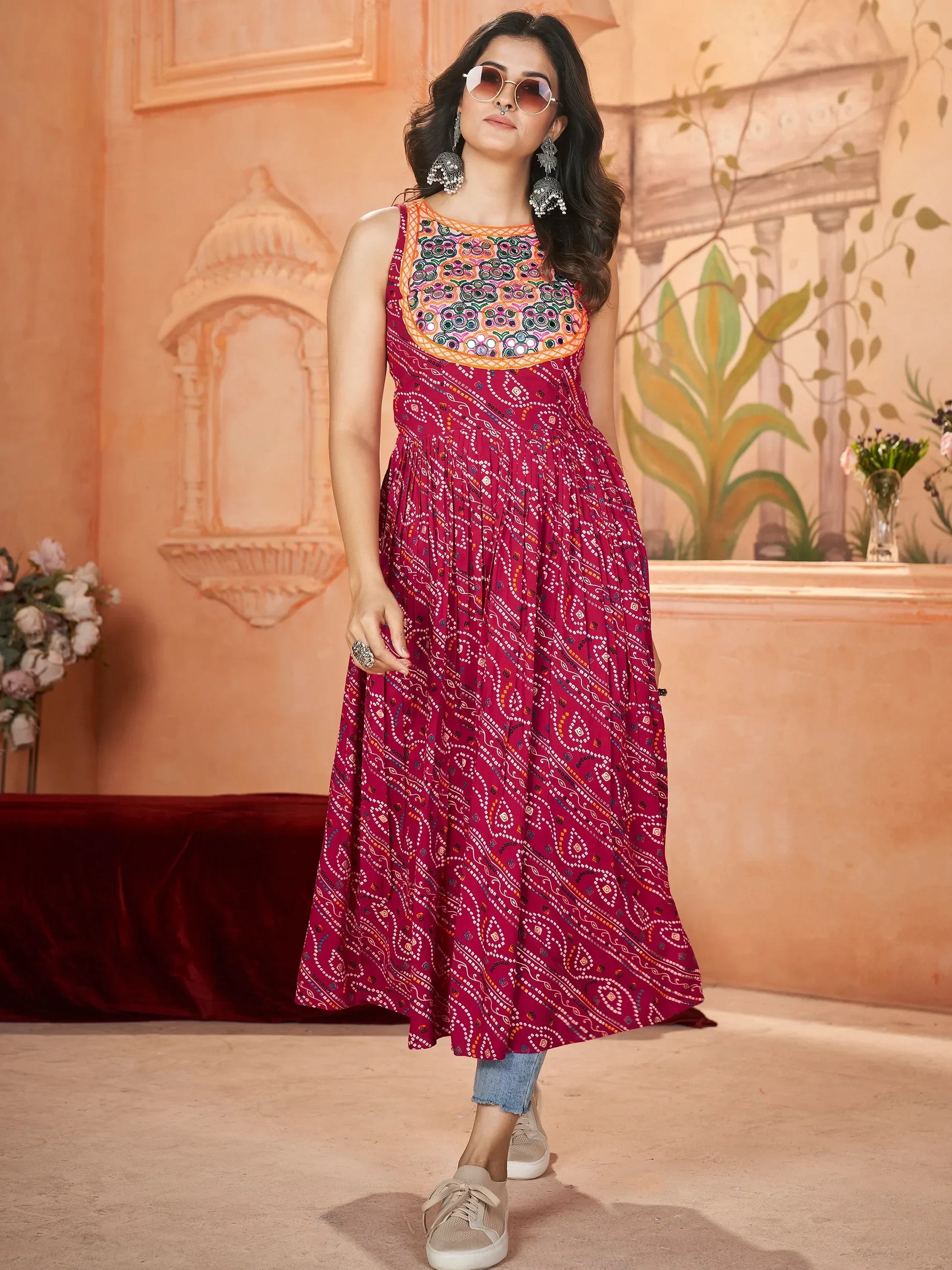 Incredible Rani Pink Embroidered Rayon Navratri Wear Long Kurti - Zeel Clothing
