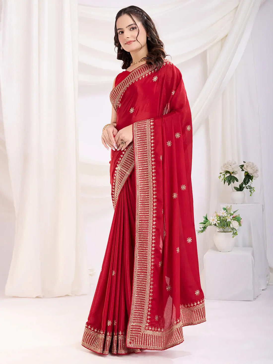 Incredible Red Heavy Zari Border Work Chinon Silk Bridal Saree - Zeel Clothing