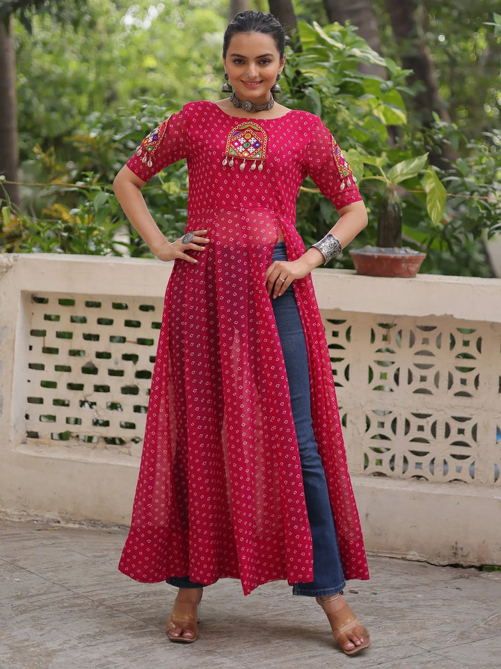 Incredible Red Kutchi Patch Work Georgette Traditional Side Slit Kurti - Zeel Clothing