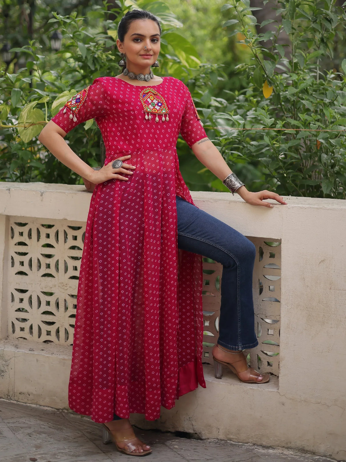 Incredible Red Kutchi Patch Work Georgette Traditional Side Slit Kurti - Zeel Clothing