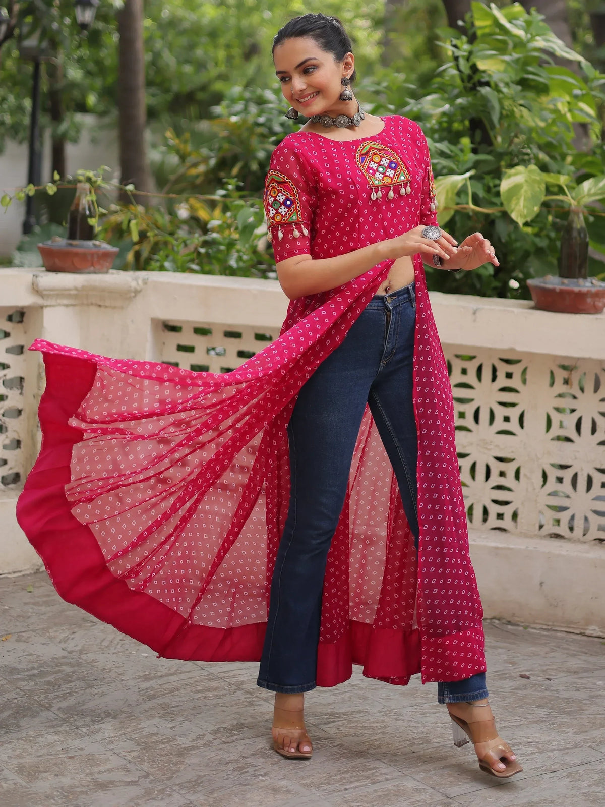 Incredible Red Kutchi Patch Work Georgette Traditional Side Slit Kurti - Zeel Clothing