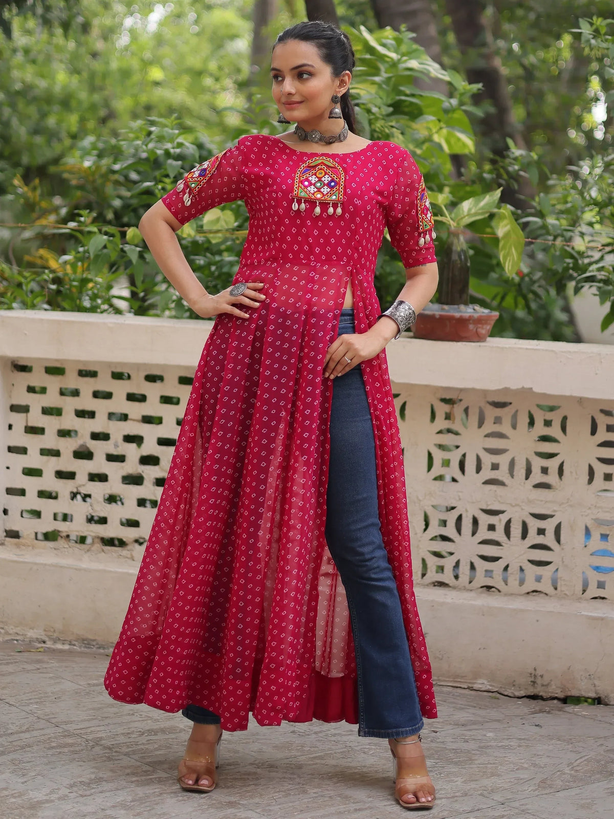 Incredible Red Kutchi Patch Work Georgette Traditional Side Slit Kurti - Zeel Clothing