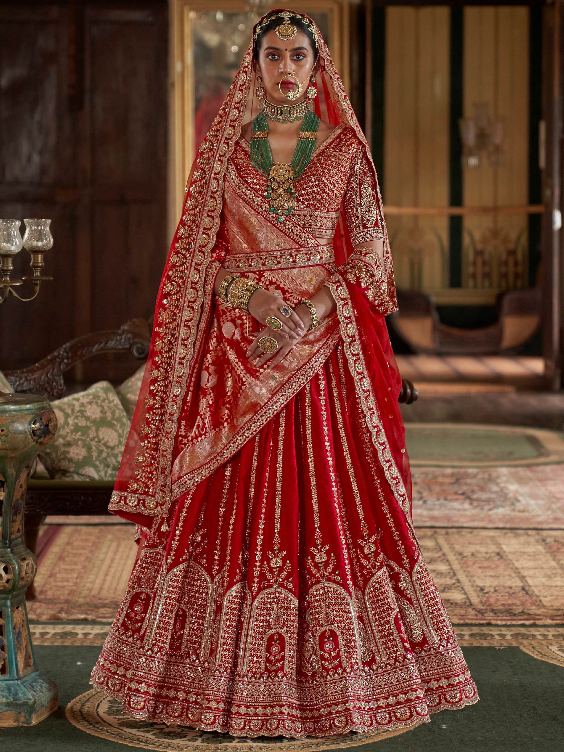 Incredible Red Sequins Work Silk Bridal Lehenga Choli With Double Dupatta