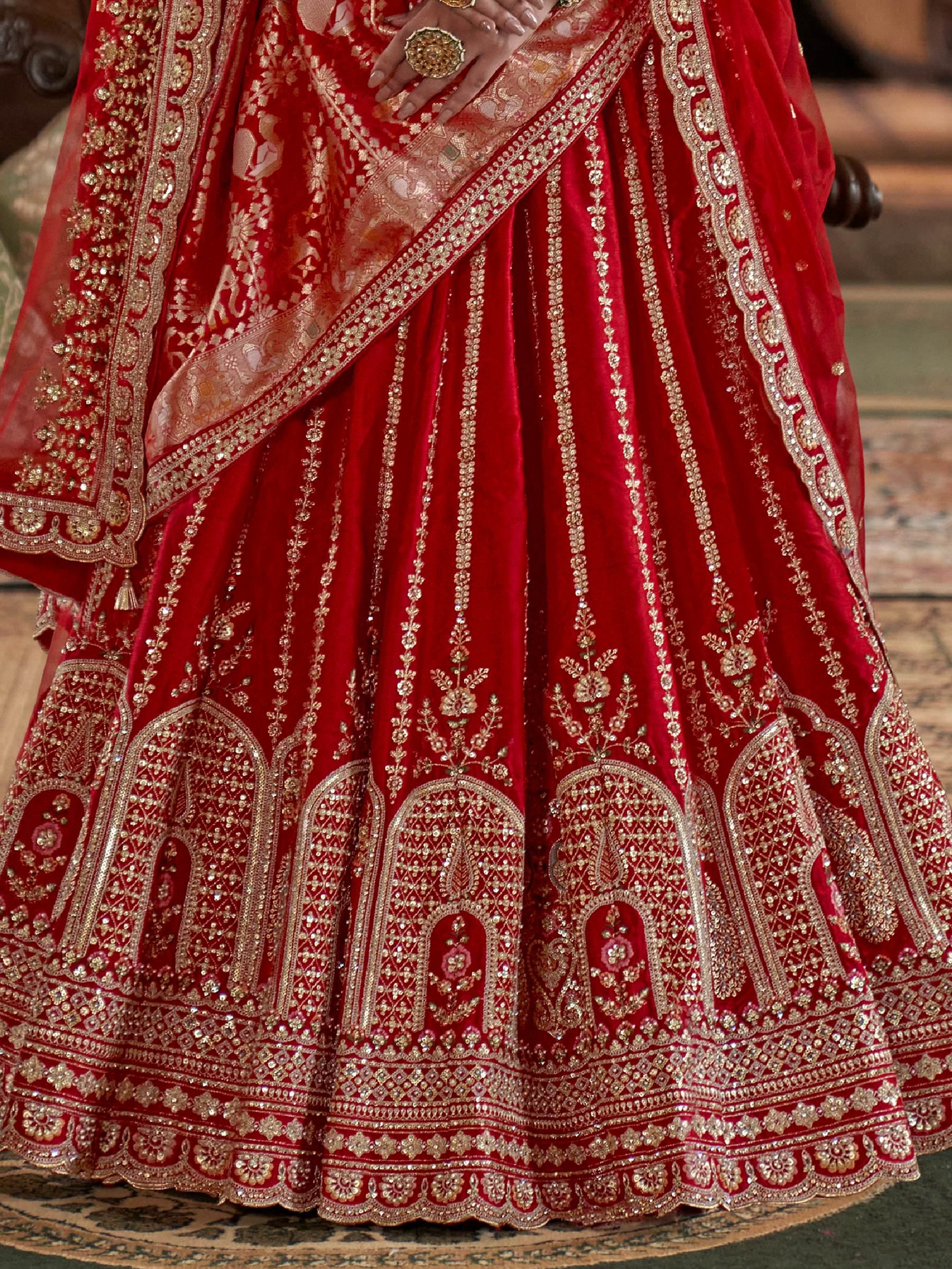 Incredible Red Sequins Work Silk Bridal Lehenga Choli With Double Dupatta