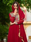Incredible Red Thread Embroidered Georgette Wedding Wear Gown With Dupatta - Zeel Clothing