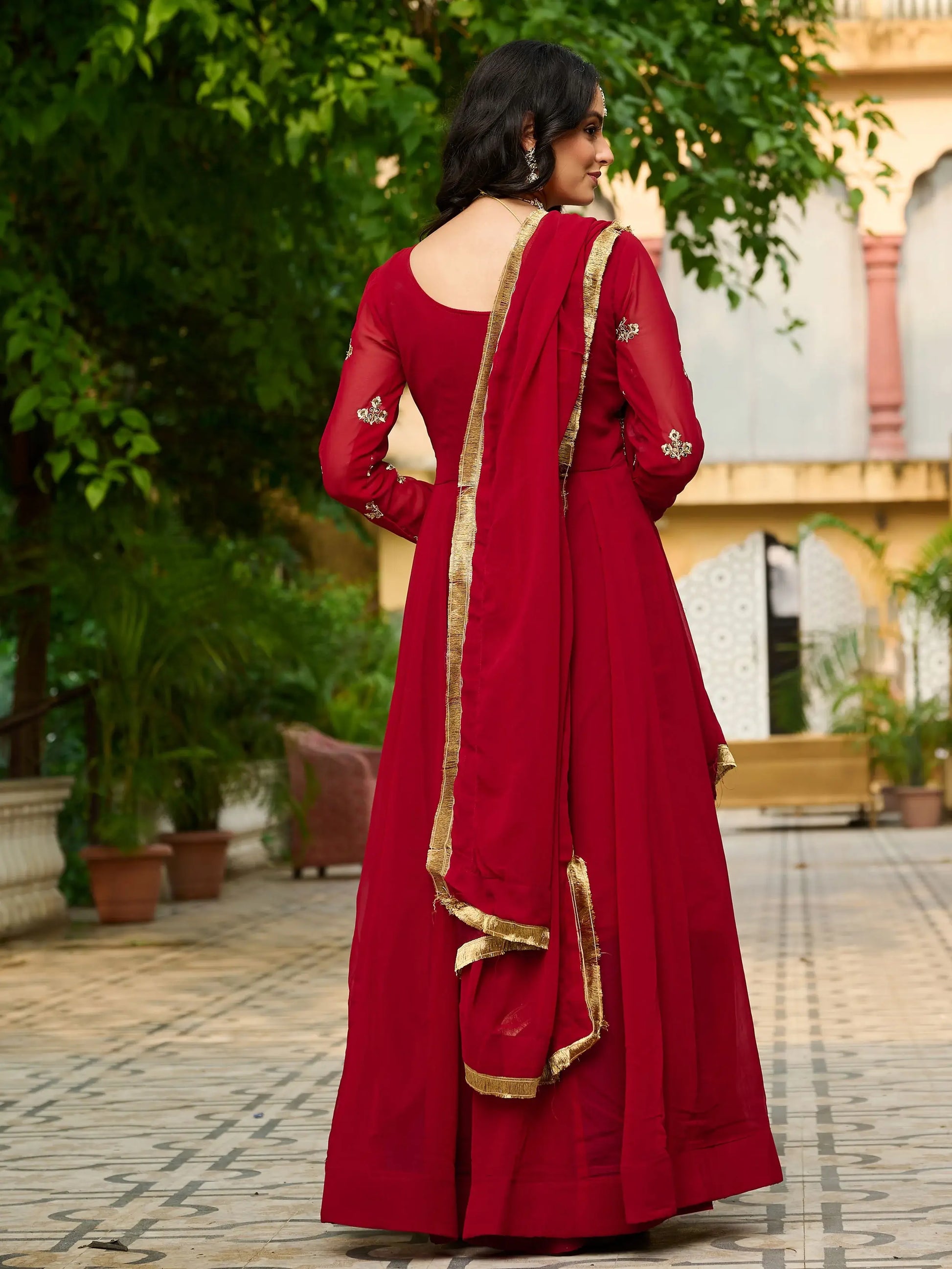 Incredible Red Thread Embroidered Georgette Wedding Wear Gown With Dupatta - Zeel Clothing