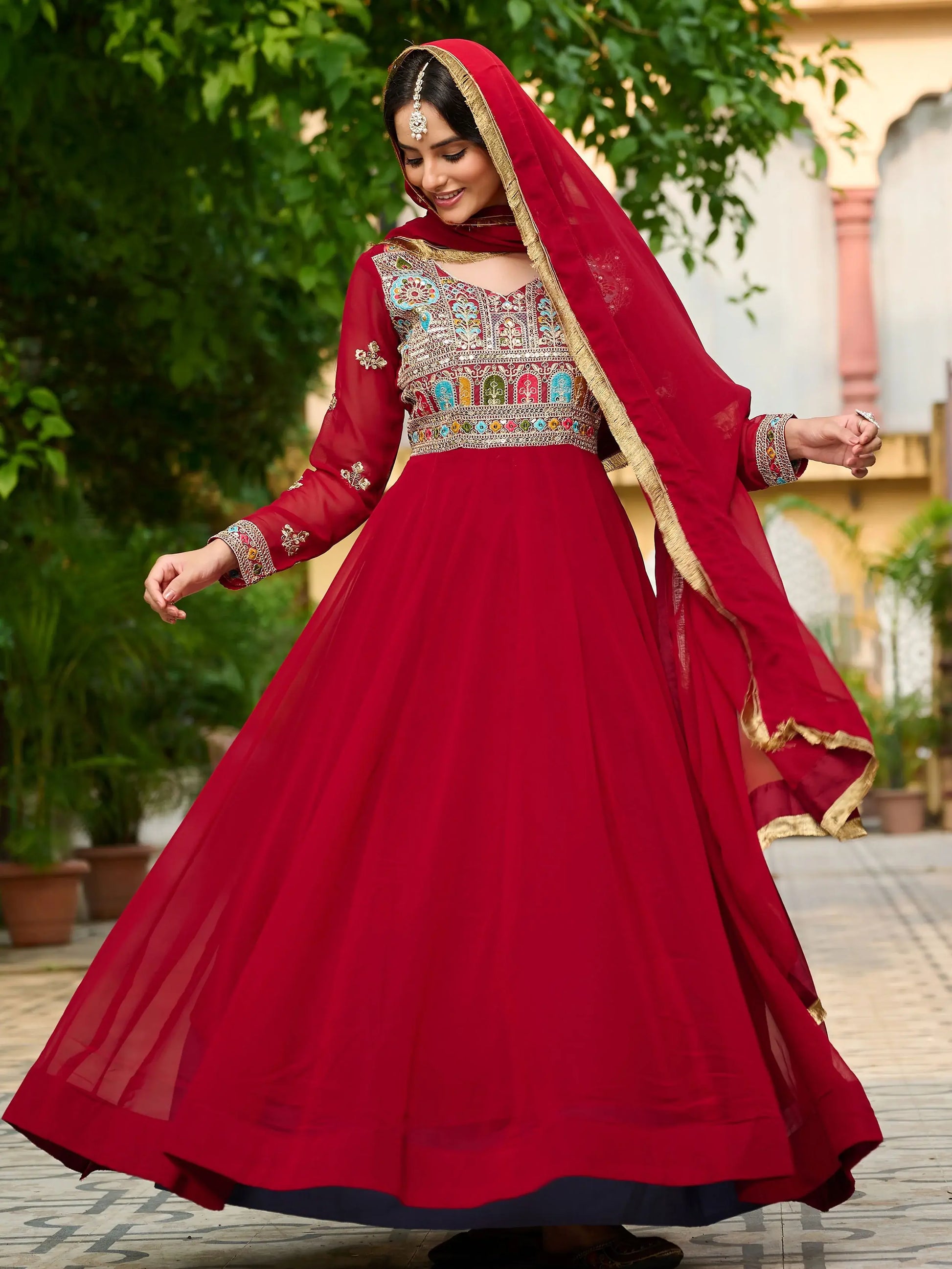Incredible Red Thread Embroidered Georgette Wedding Wear Gown With Dupatta - Zeel Clothing