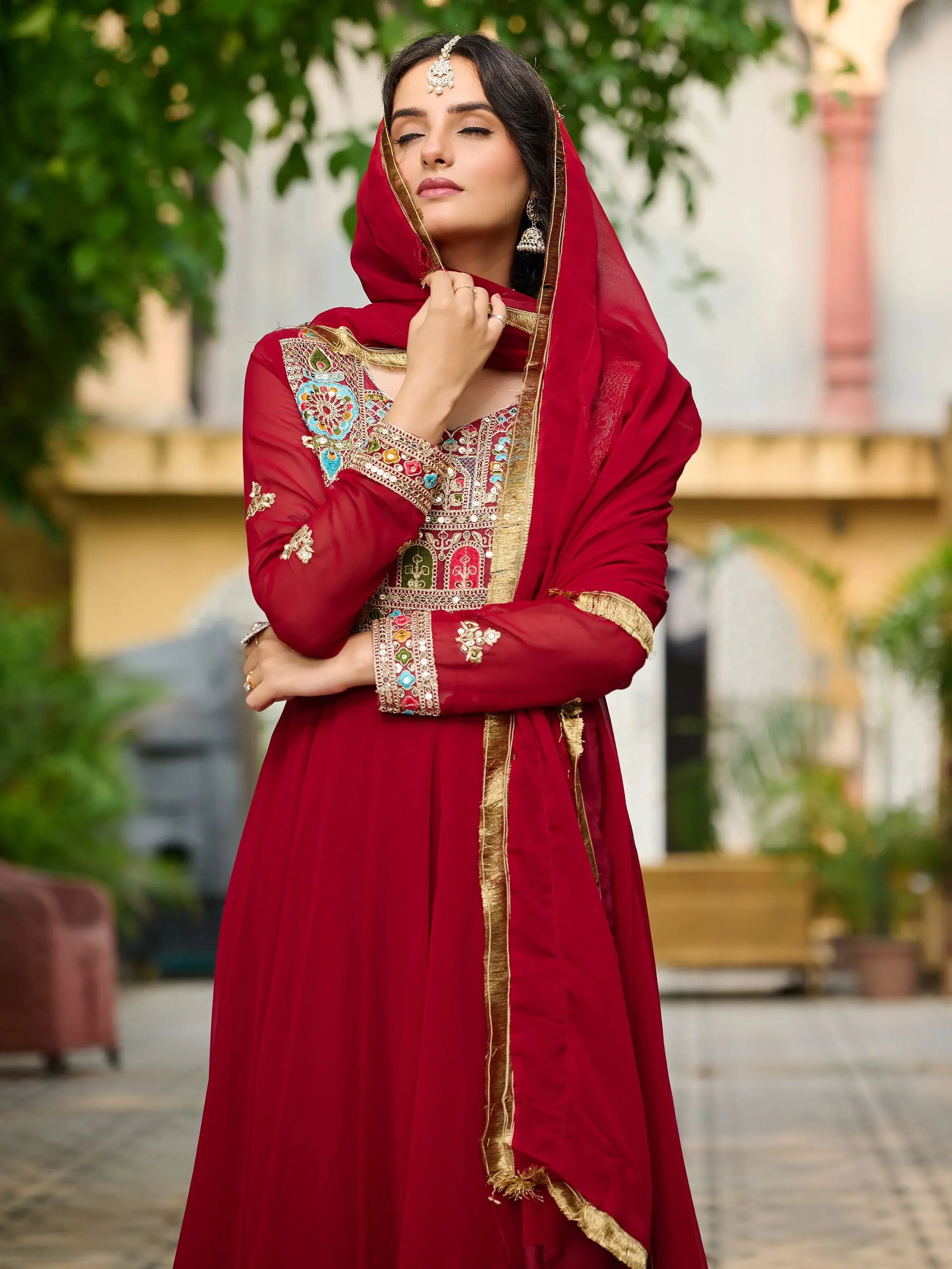 Incredible Red Thread Embroidered Georgette Wedding Wear Gown With Dupatta - Zeel Clothing