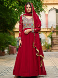 Incredible Red Thread Embroidered Georgette Wedding Wear Gown With Dupatta - Zeel Clothing