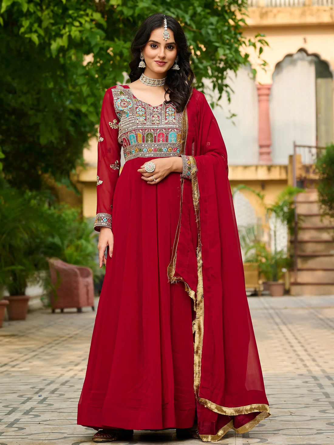 Incredible Red Thread Embroidered Georgette Wedding Wear Gown With Dupatta - Zeel Clothing