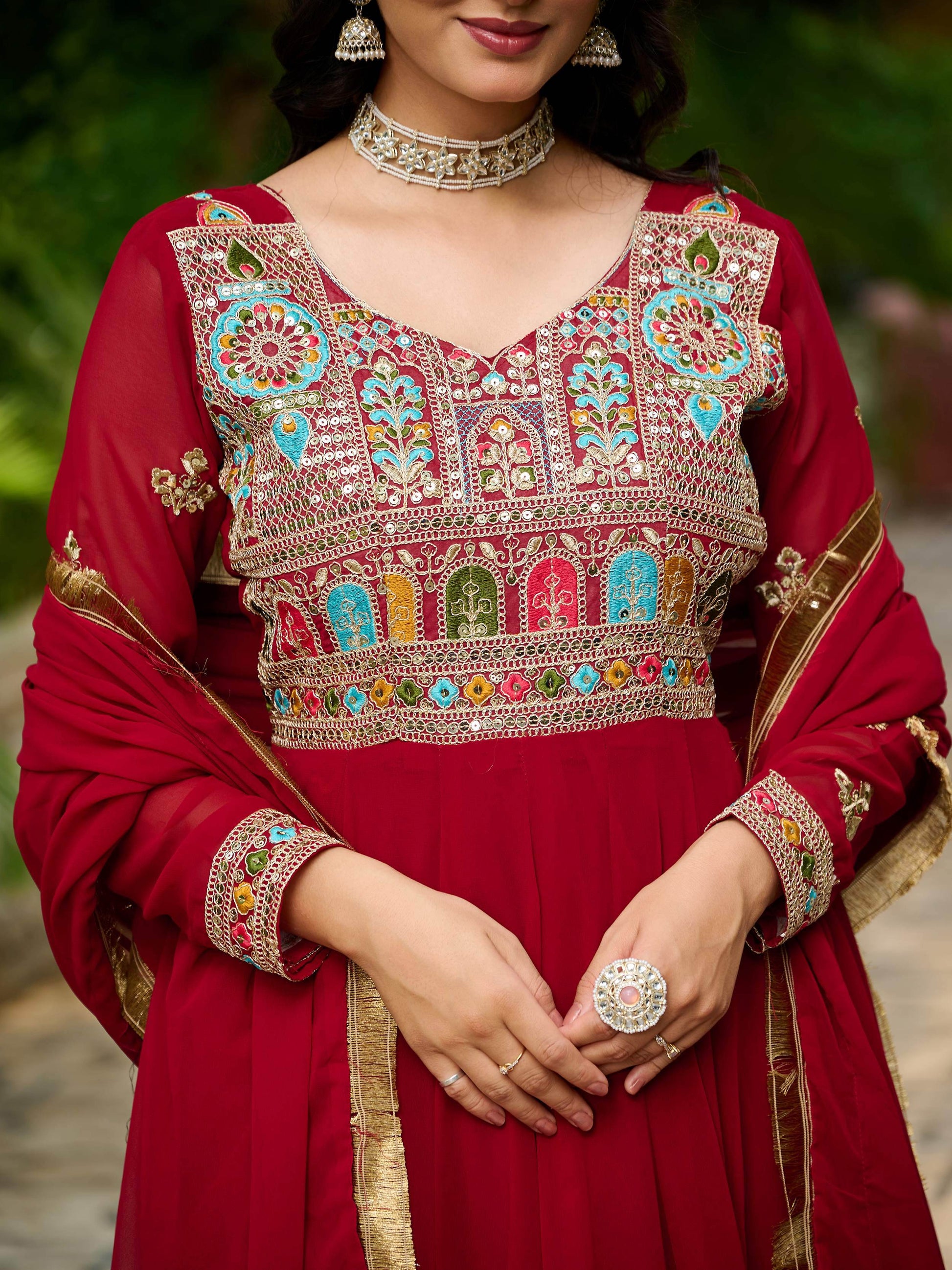 Incredible Red Thread Embroidered Georgette Wedding Wear Gown With Dupatta - Zeel Clothing