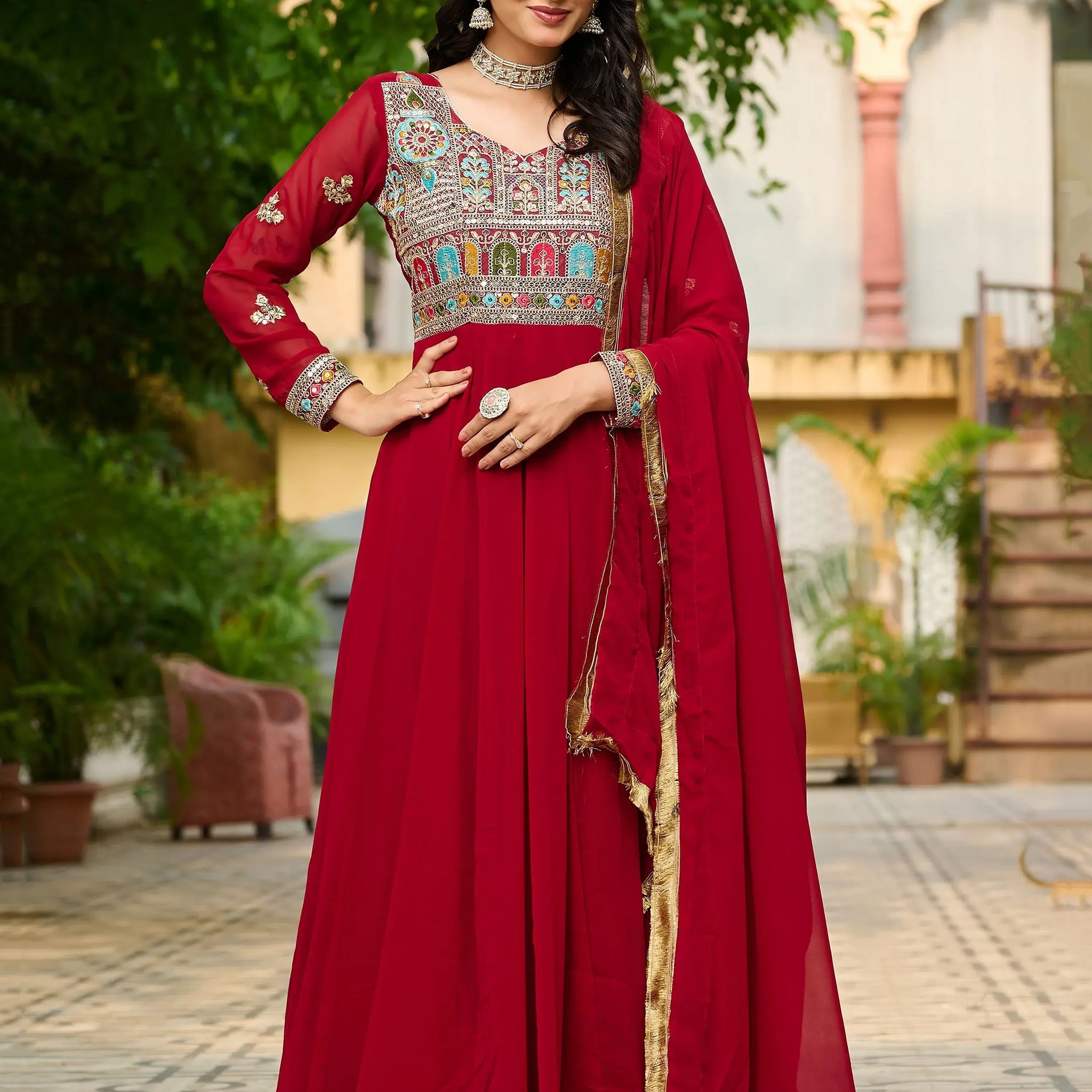 Incredible Red Thread Embroidered Georgette Wedding Wear Gown With Dupatta - Zeel Clothing