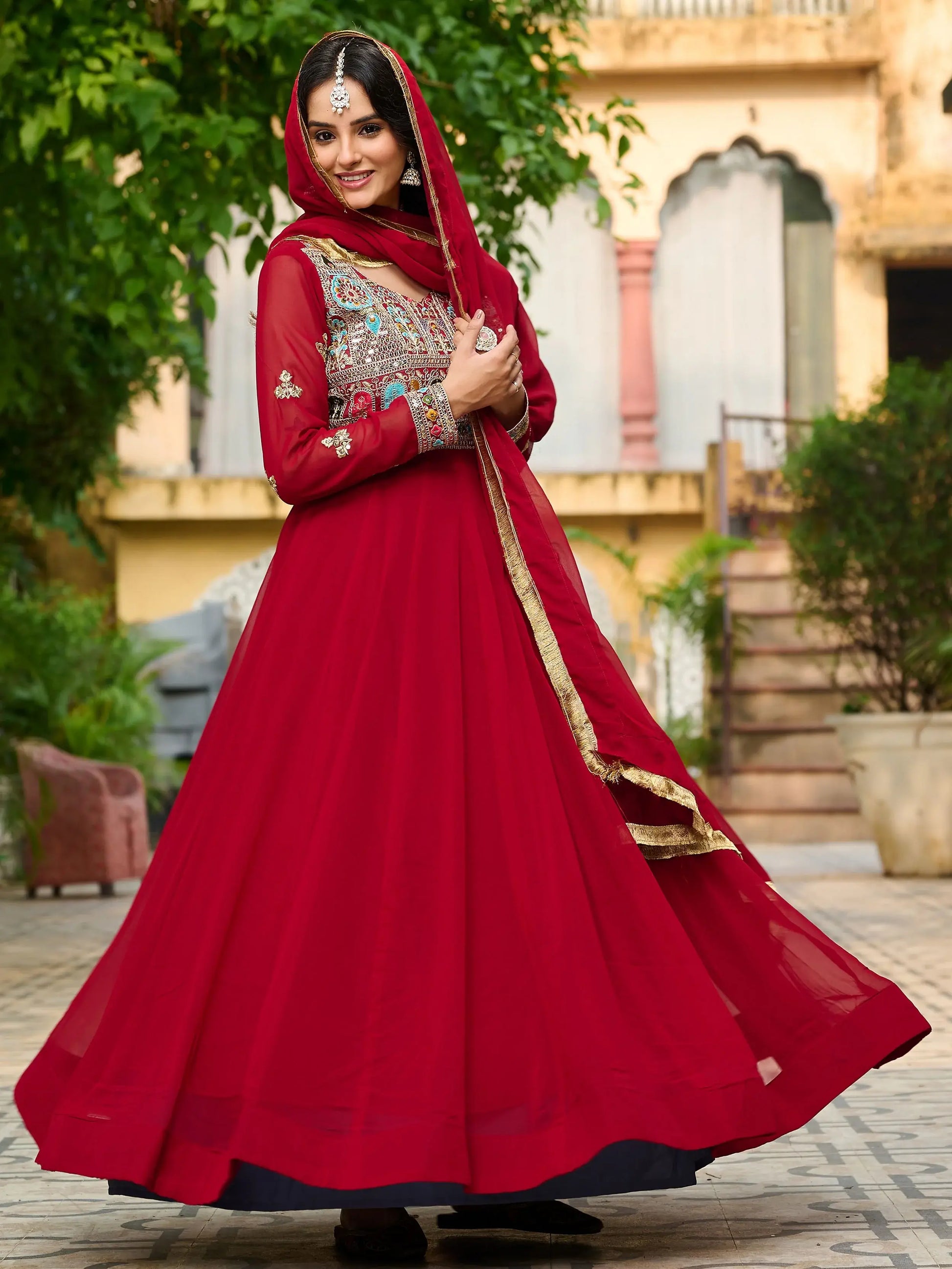 Incredible Red Thread Embroidered Georgette Wedding Wear Gown With Dupatta - Zeel Clothing