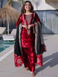Incredible Red Zari Work Velvet Festive Wear Pant Suit With Dupatta