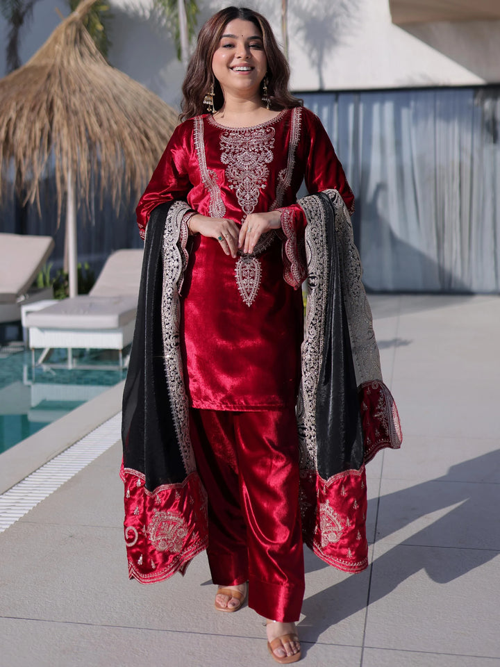 Incredible Red Zari Work Velvet Festive Wear Pant Suit With Dupatta